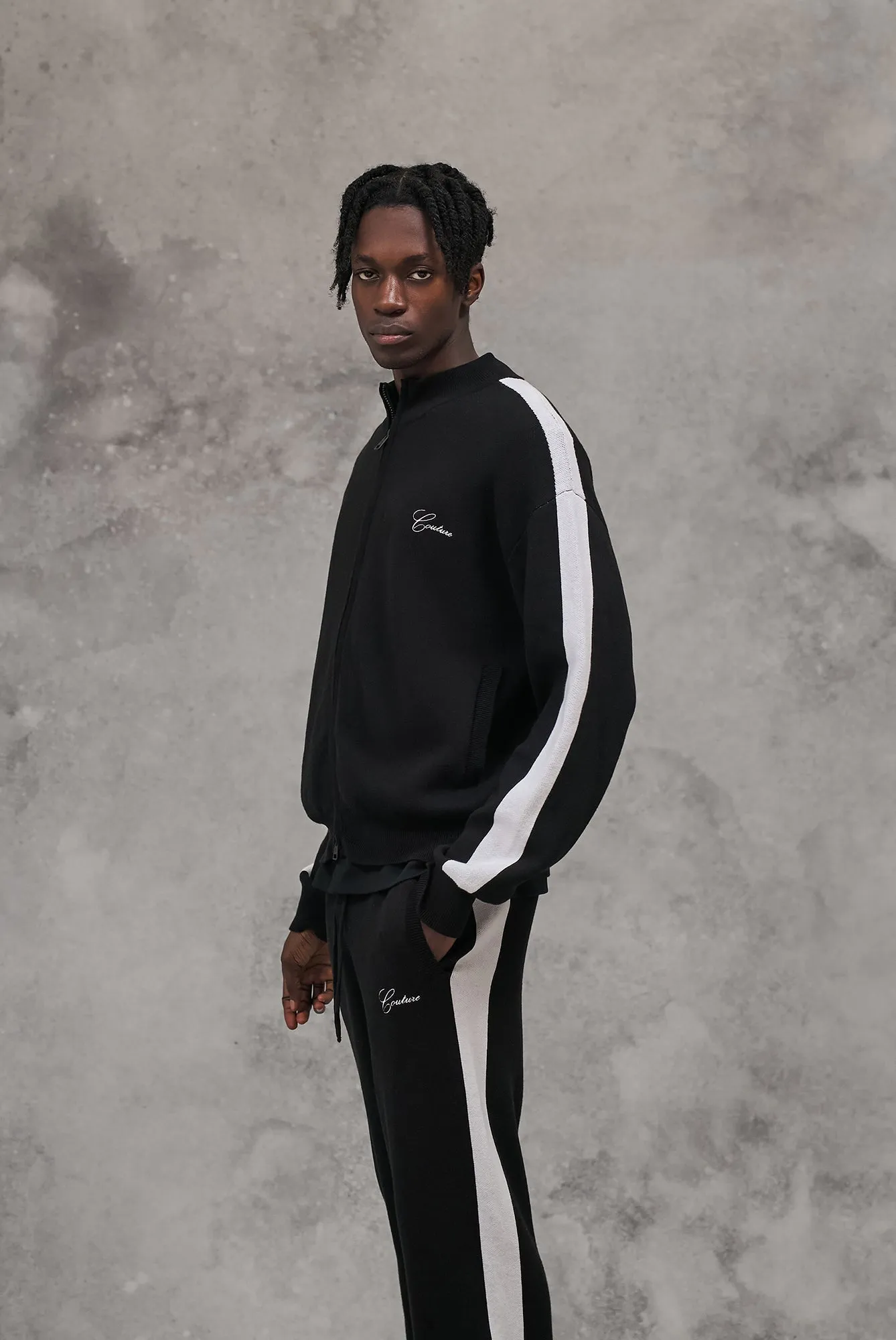 SIDE STRIPE KNITTED TRACK JACKET - BLACK sold by The Couture Club product image thumbnail 2