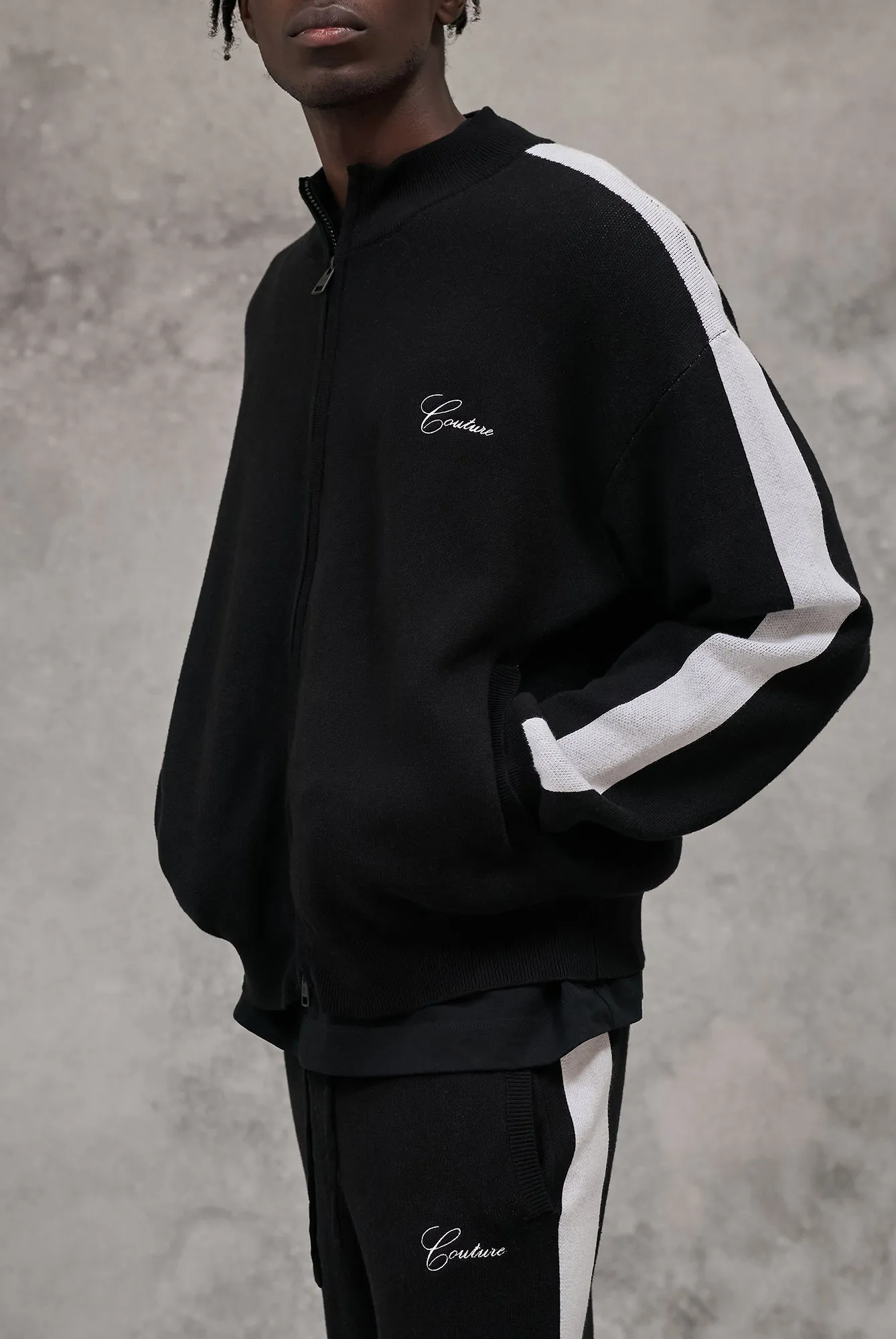 SIDE STRIPE KNITTED TRACK JACKET - BLACK sold by The Couture Club product image thumbnail 3