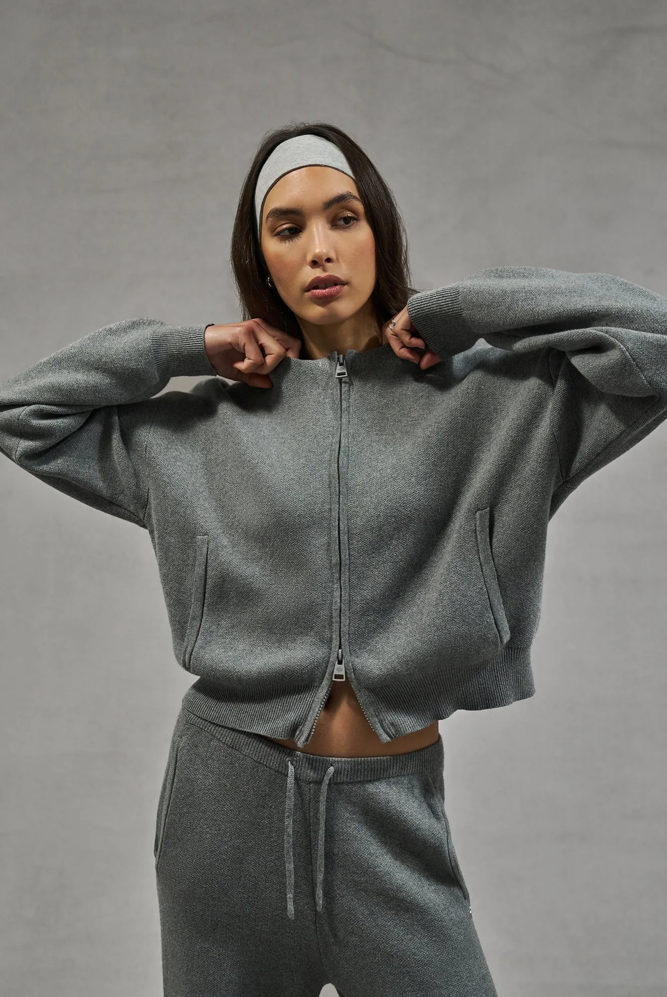 COLLARLESS KNITTED ZIP THROUGH BOMBER - GREY MARL sold by The Couture Club product image thumbnail 2