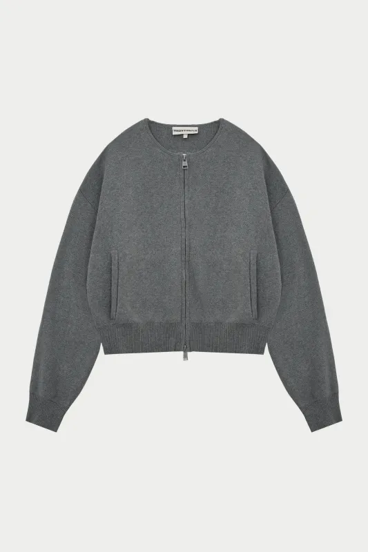 COLLARLESS KNITTED ZIP THROUGH BOMBER - GREY MARL sold by The Couture Club