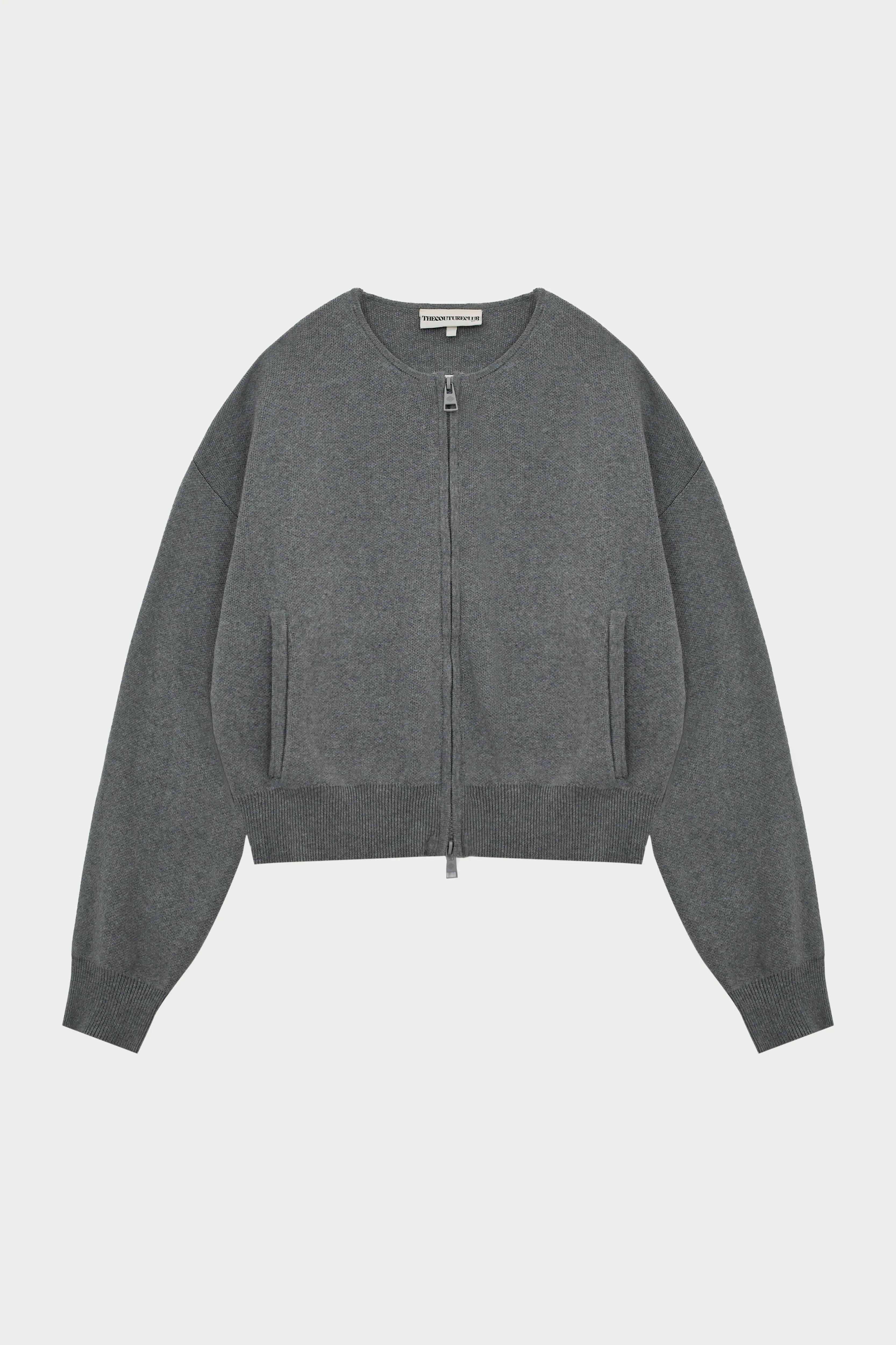 COLLARLESS KNITTED ZIP THROUGH BOMBER - GREY MARL sold by The Couture Club