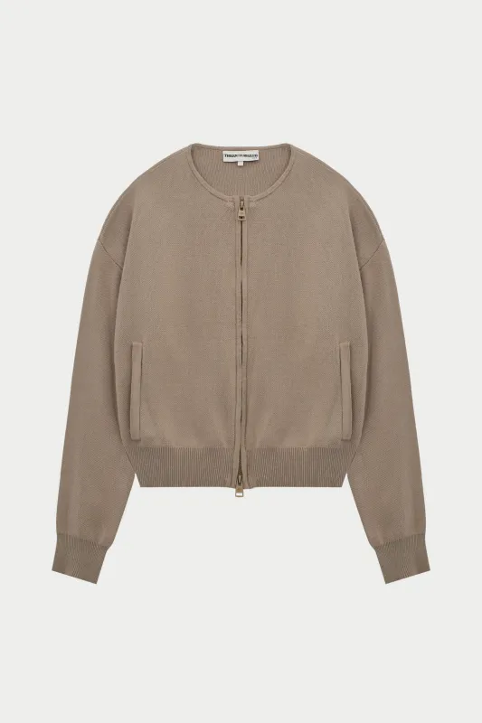 COLLARLESS KNITTED ZIP THROUGH BOMBER - BEIGE sold by The Couture Club
