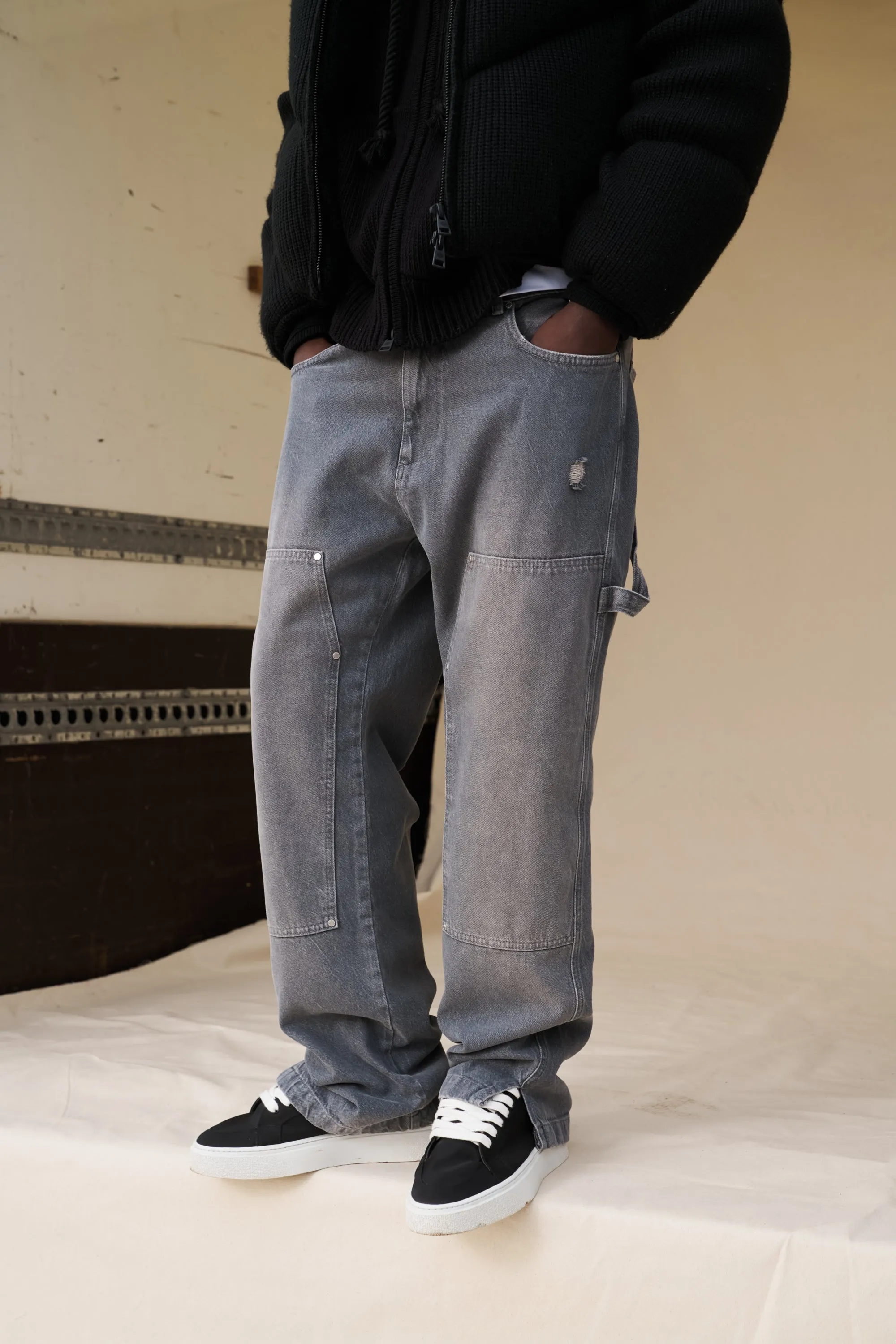 DENIM RIVET DETAIL CARPENTER JEANS - GREY WASH sold by The Couture Club product image thumbnail 2