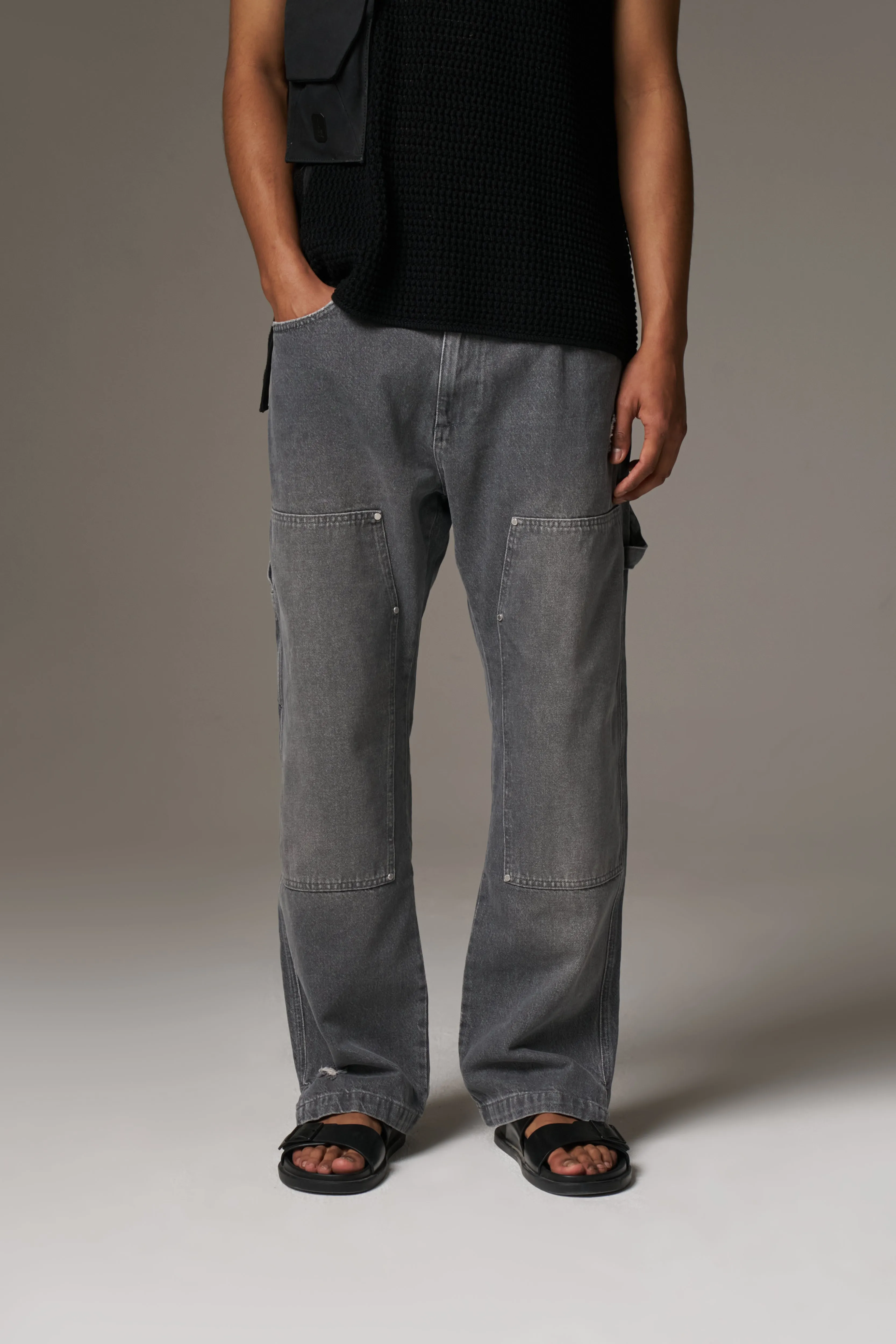 DENIM RIVET DETAIL CARPENTER JEANS - GREY WASH sold by The Couture Club product image thumbnail 3