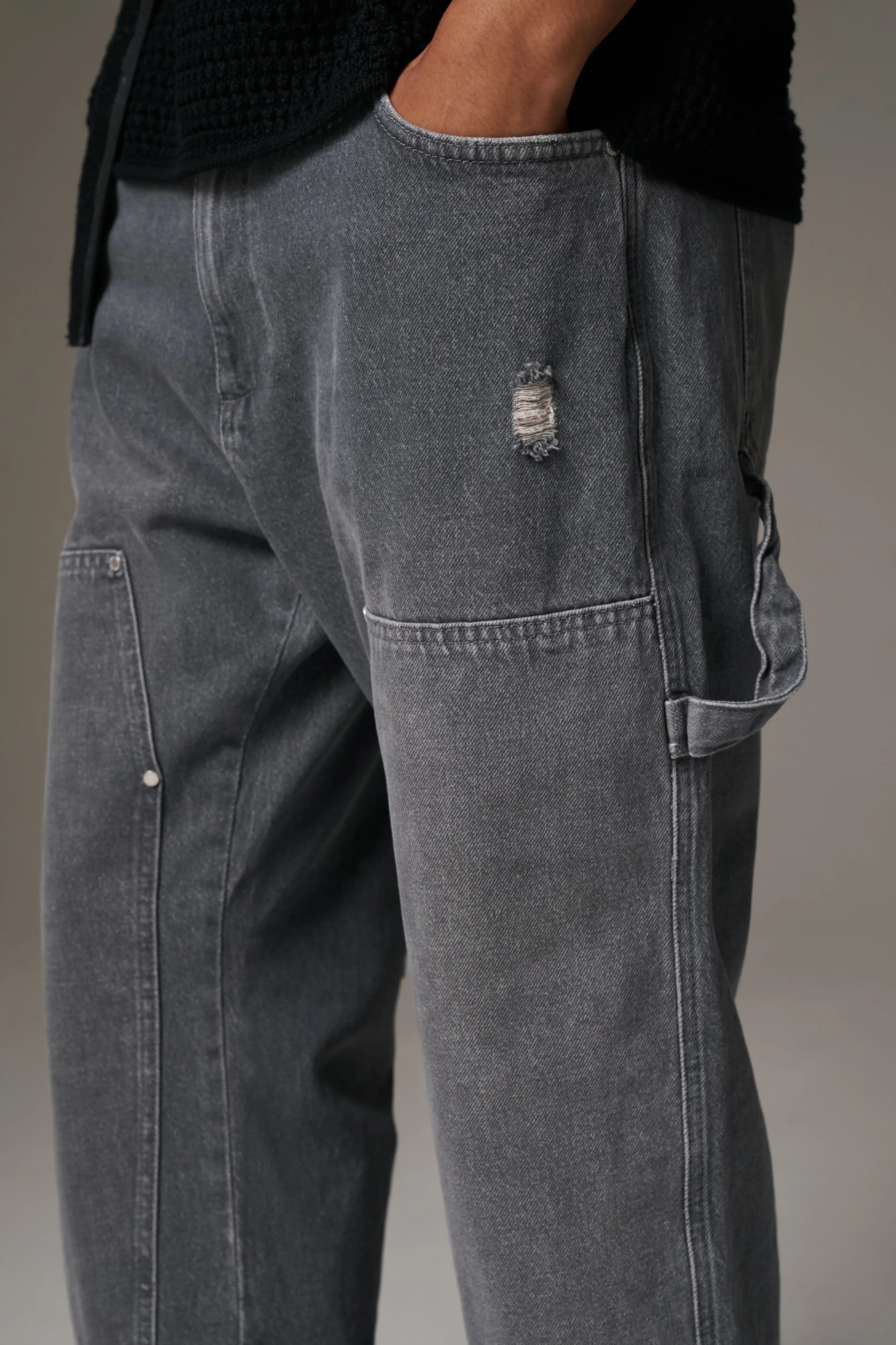 DENIM RIVET DETAIL CARPENTER JEANS - GREY WASH sold by The Couture Club product image thumbnail 5