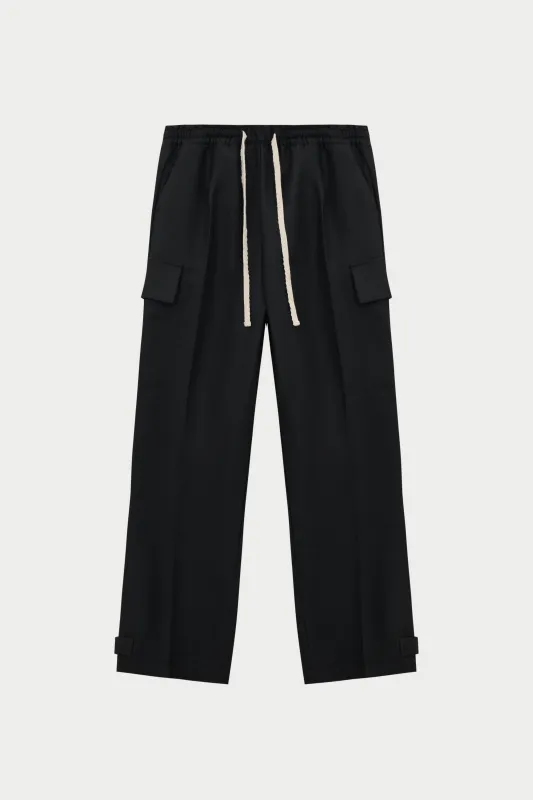 PLEATED WIDE LEG WOOL BLEND TROUSER - BLACK sold by The Couture Club