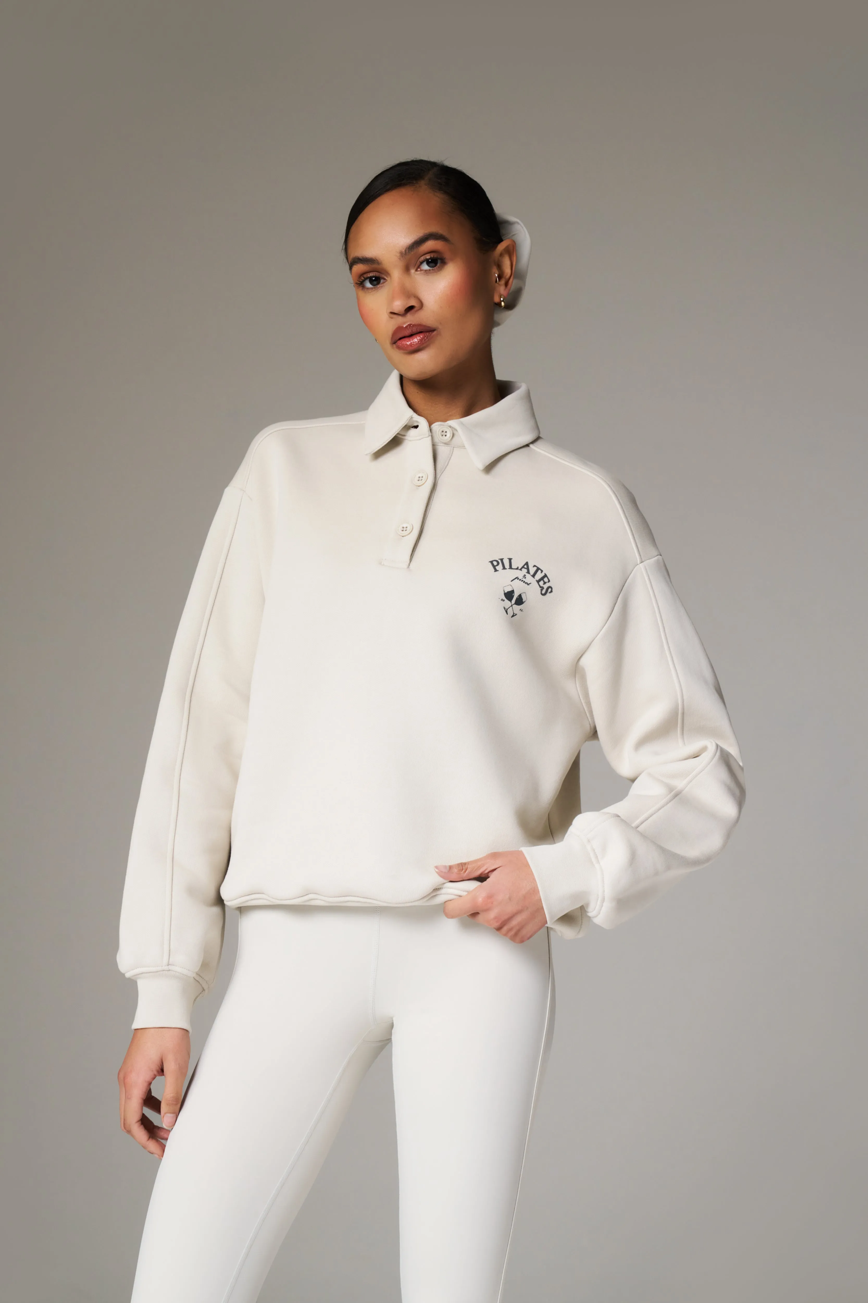 PILATES & PINOT BUTTON UP SWEATSHIRT - BONE sold by The Couture Club product image thumbnail 2