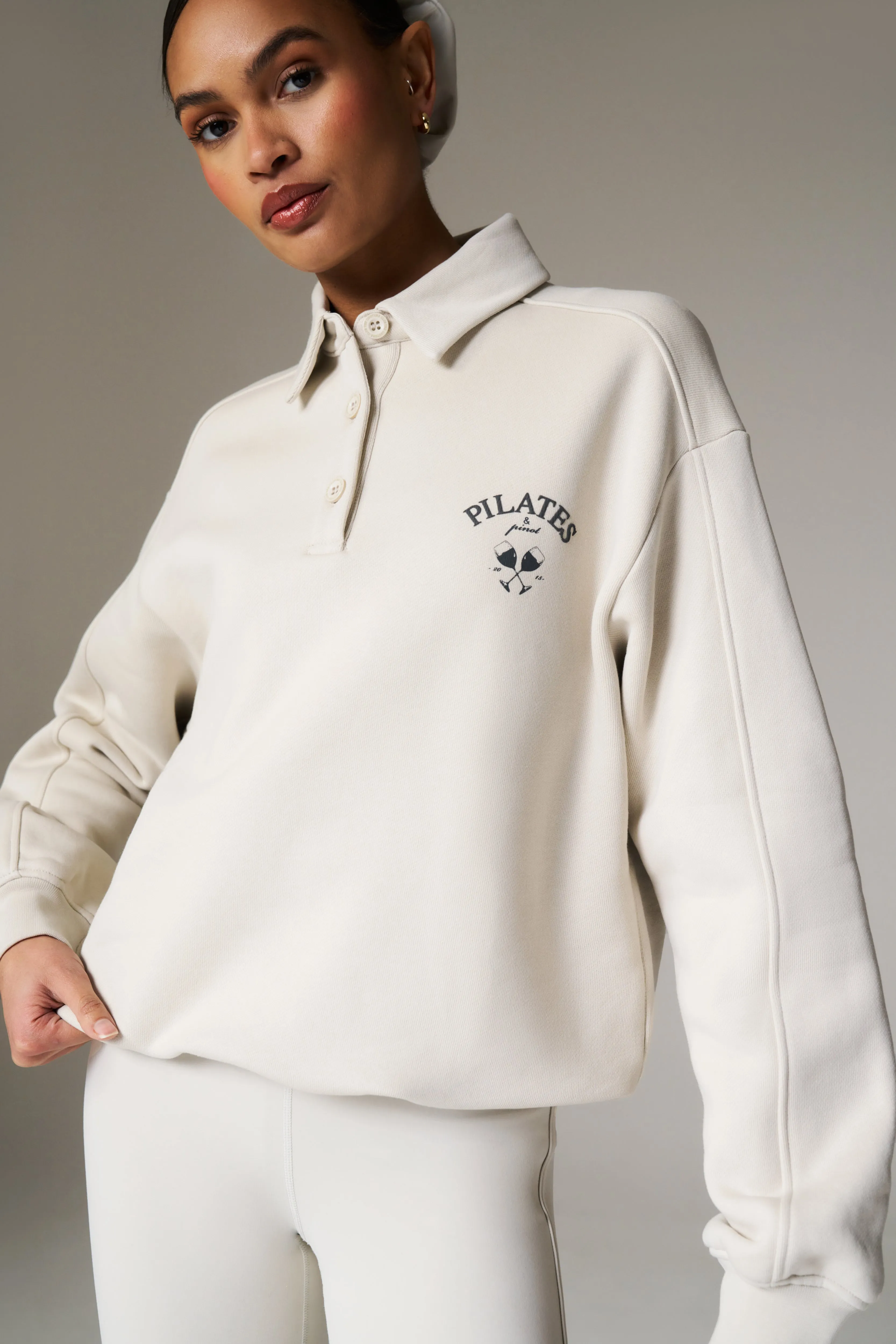 PILATES & PINOT BUTTON UP SWEATSHIRT - BONE sold by The Couture Club product image thumbnail 4