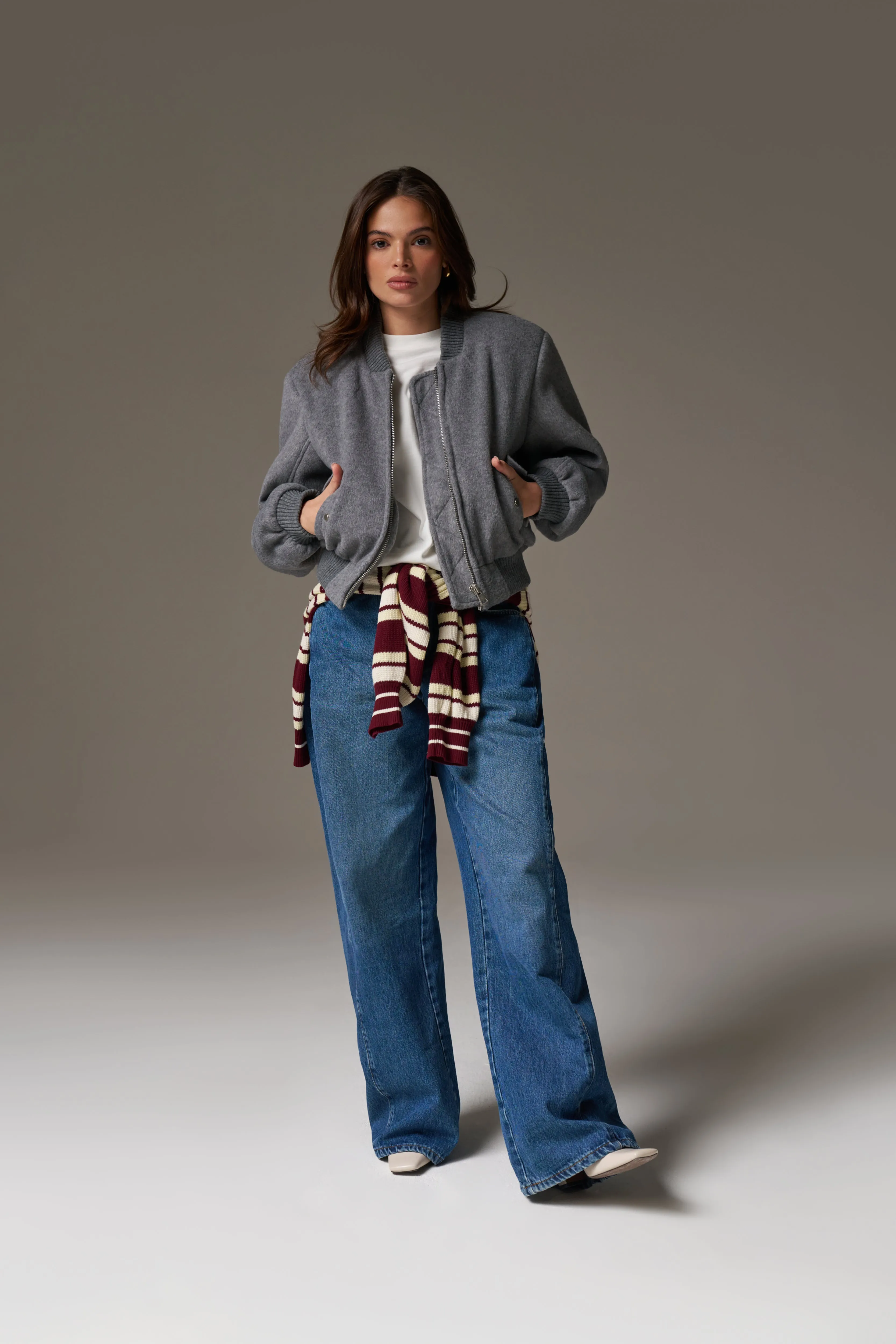 SHOULDER PADDED WOOL BLEND BOMBER JACKET - GREY MARL sold by The Couture Club product image thumbnail 5