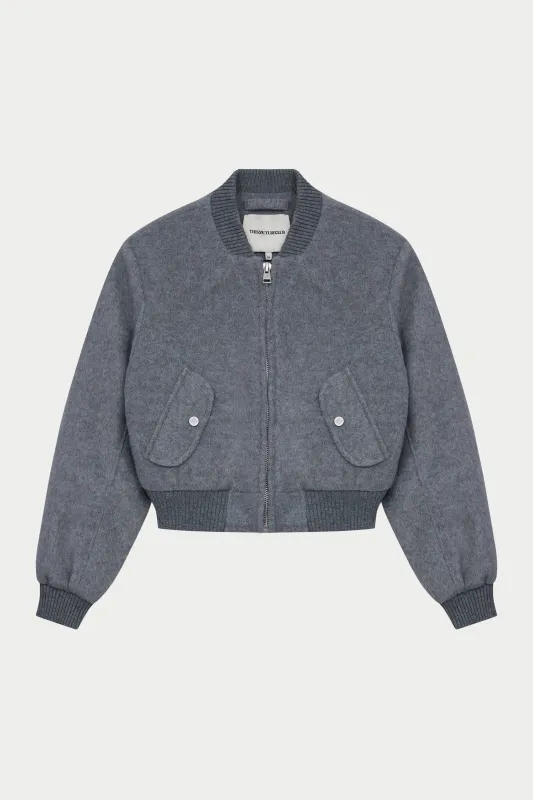 SHOULDER PADDED WOOL BLEND BOMBER JACKET - GREY MARL sold by The Couture Club