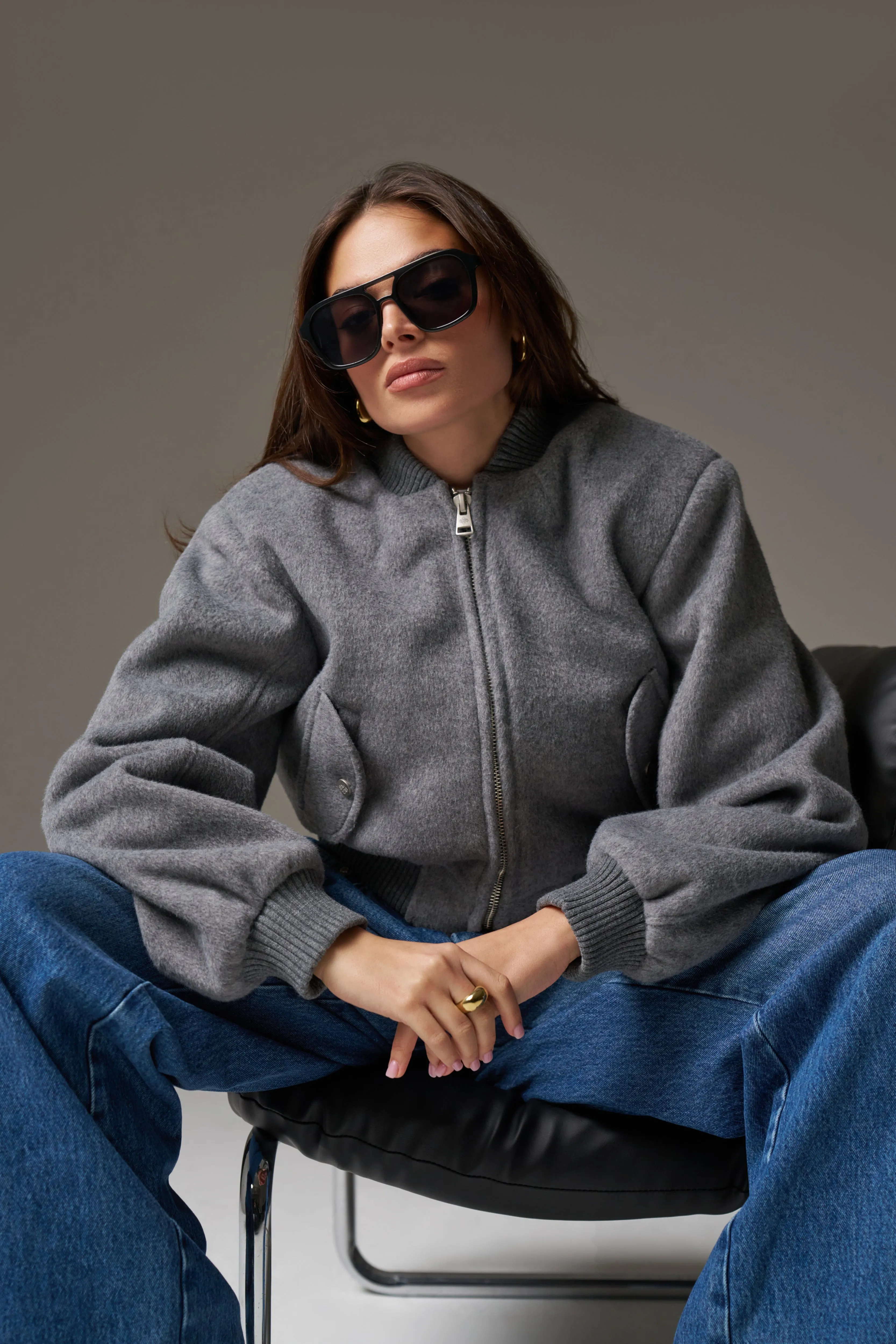 SHOULDER PADDED WOOL BLEND BOMBER JACKET - GREY MARL sold by The Couture Club product image thumbnail 4