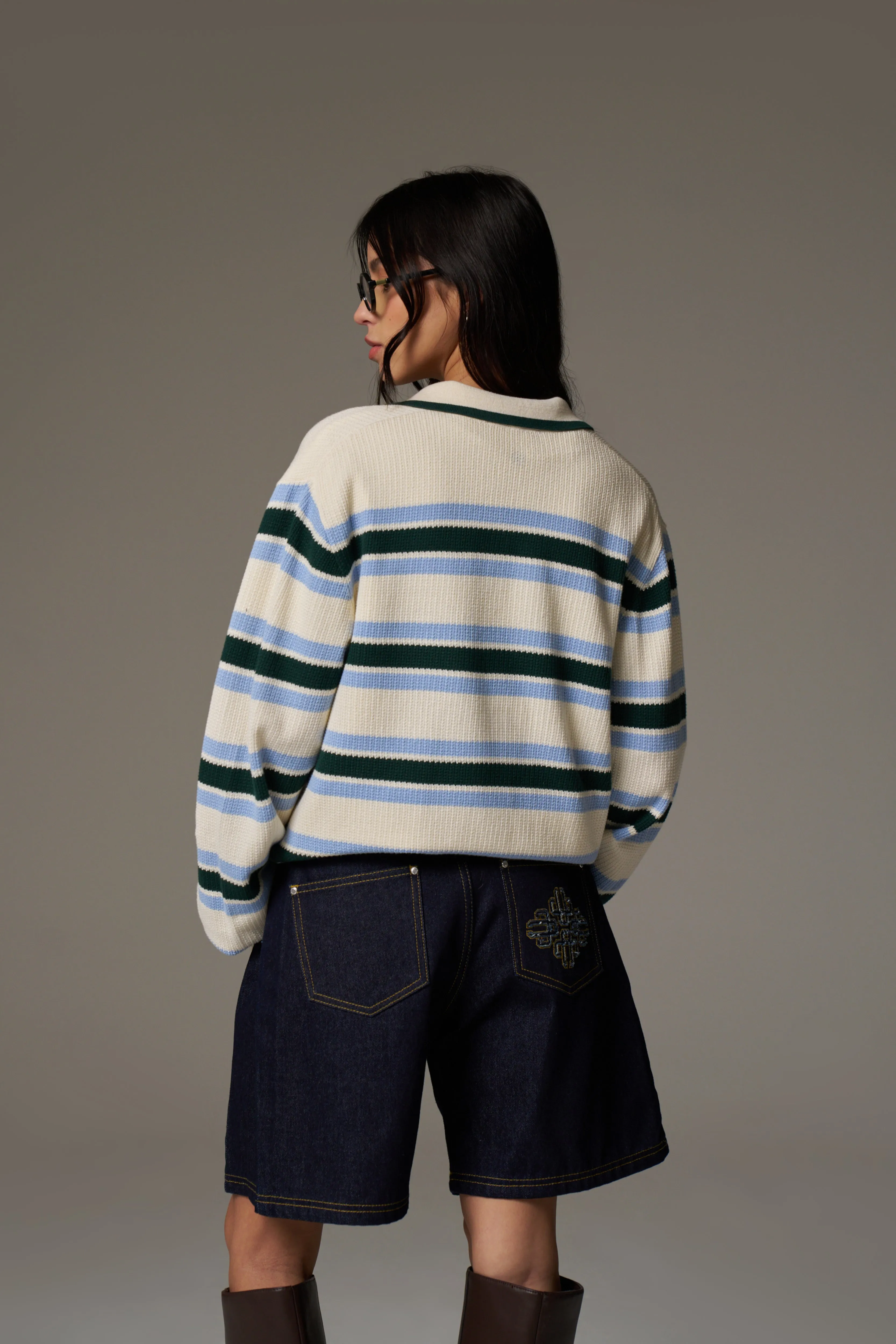 STRIPE KNITTED POLO SWEATSHIRT - OFF WHITE sold by The Couture Club product image thumbnail 5