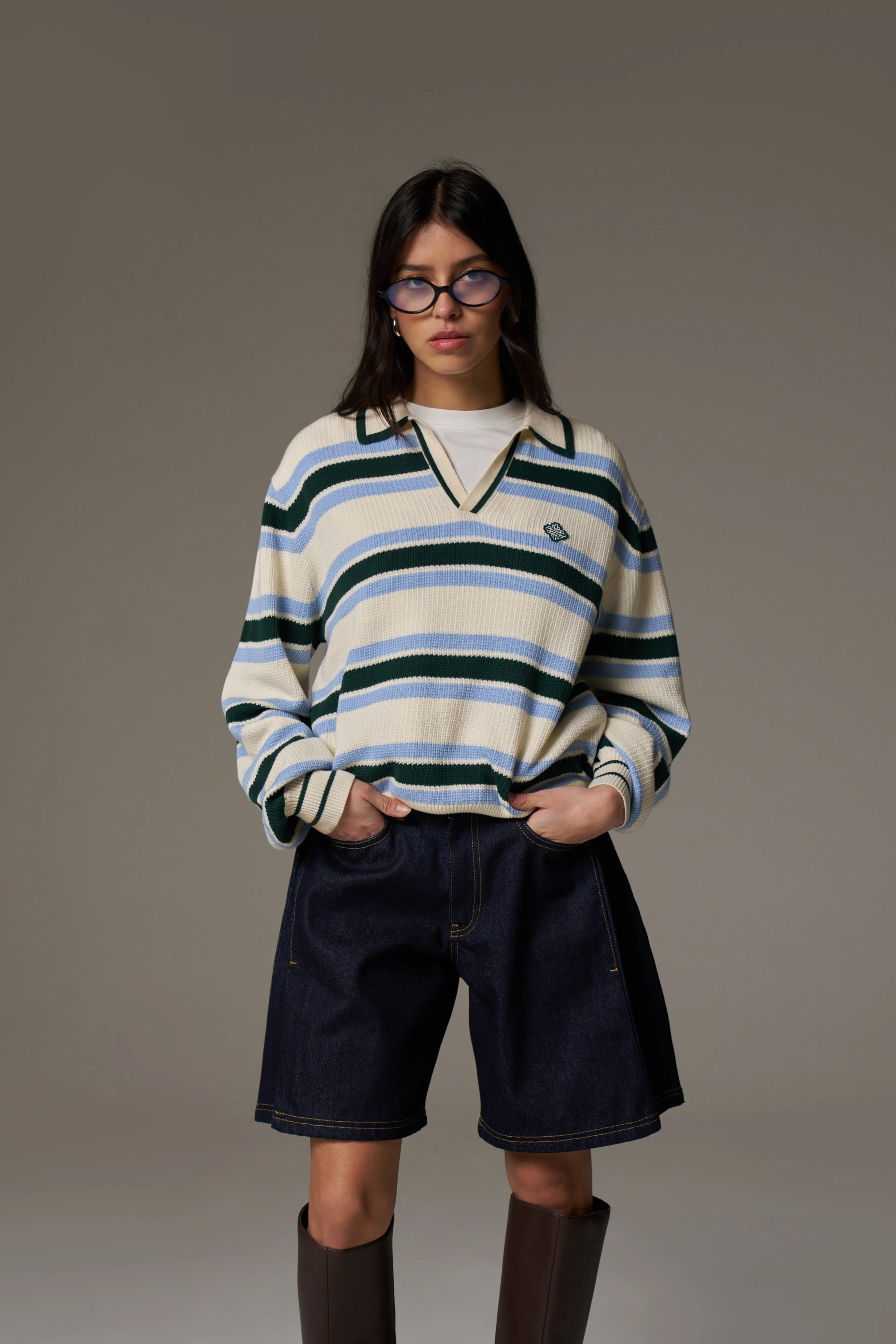 STRIPE KNITTED POLO SWEATSHIRT - OFF WHITE sold by The Couture Club product image thumbnail 2