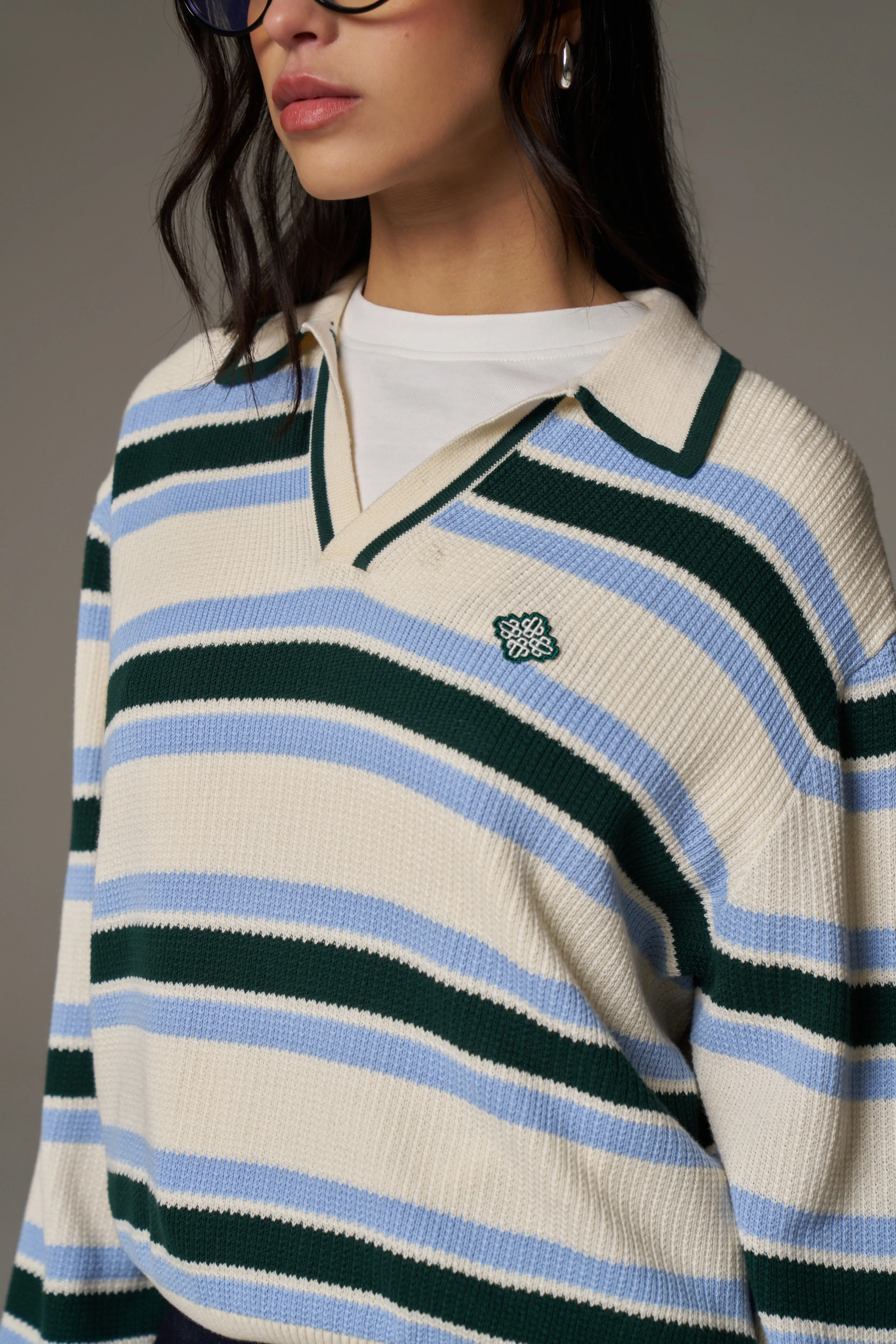 STRIPE KNITTED POLO SWEATSHIRT - OFF WHITE sold by The Couture Club product image thumbnail 3