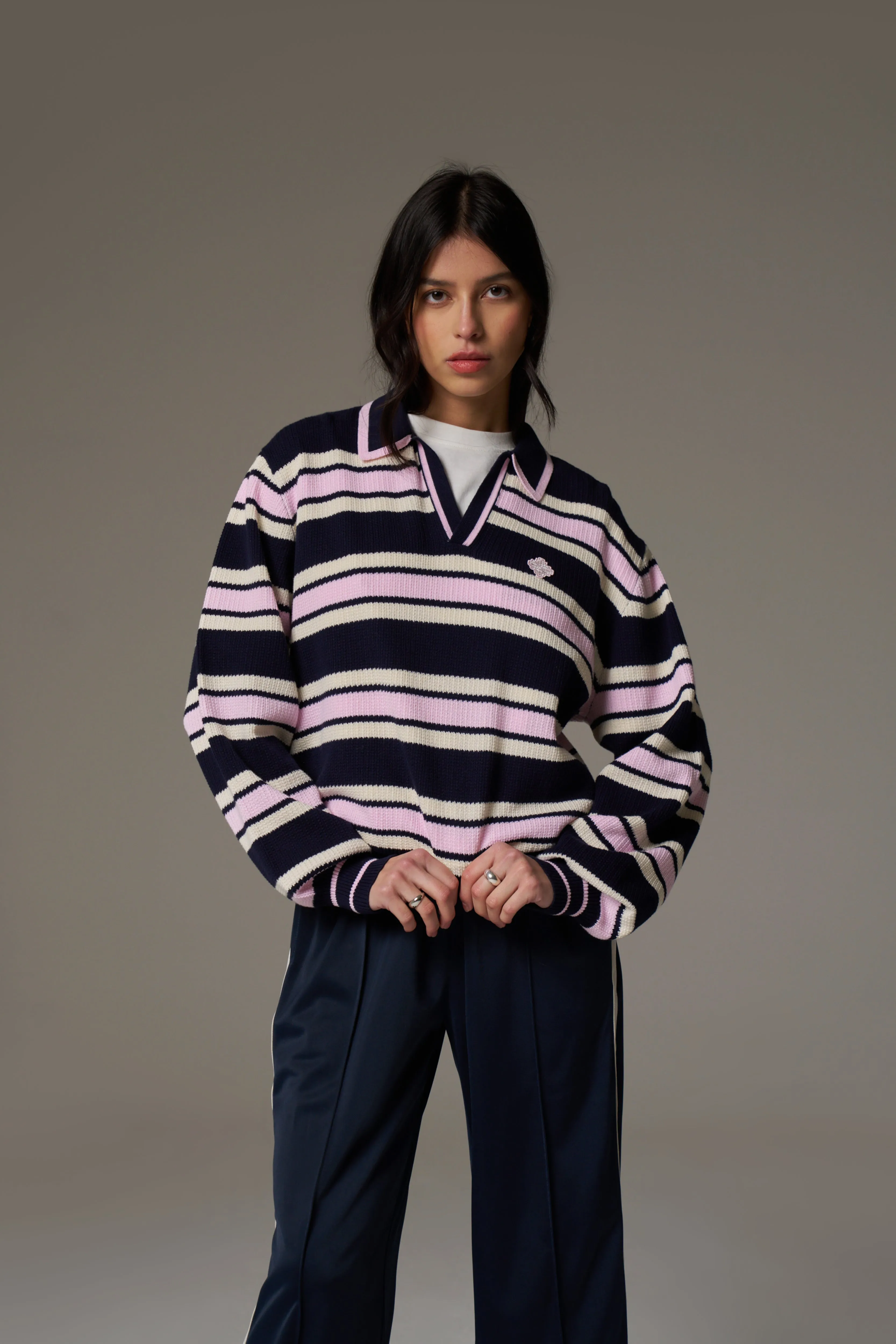 STRIPE KNITTED POLO SWEATSHIRT - NAVY sold by The Couture Club product image thumbnail 4