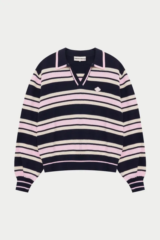 STRIPE KNITTED POLO SWEATSHIRT - NAVY sold by The Couture Club
