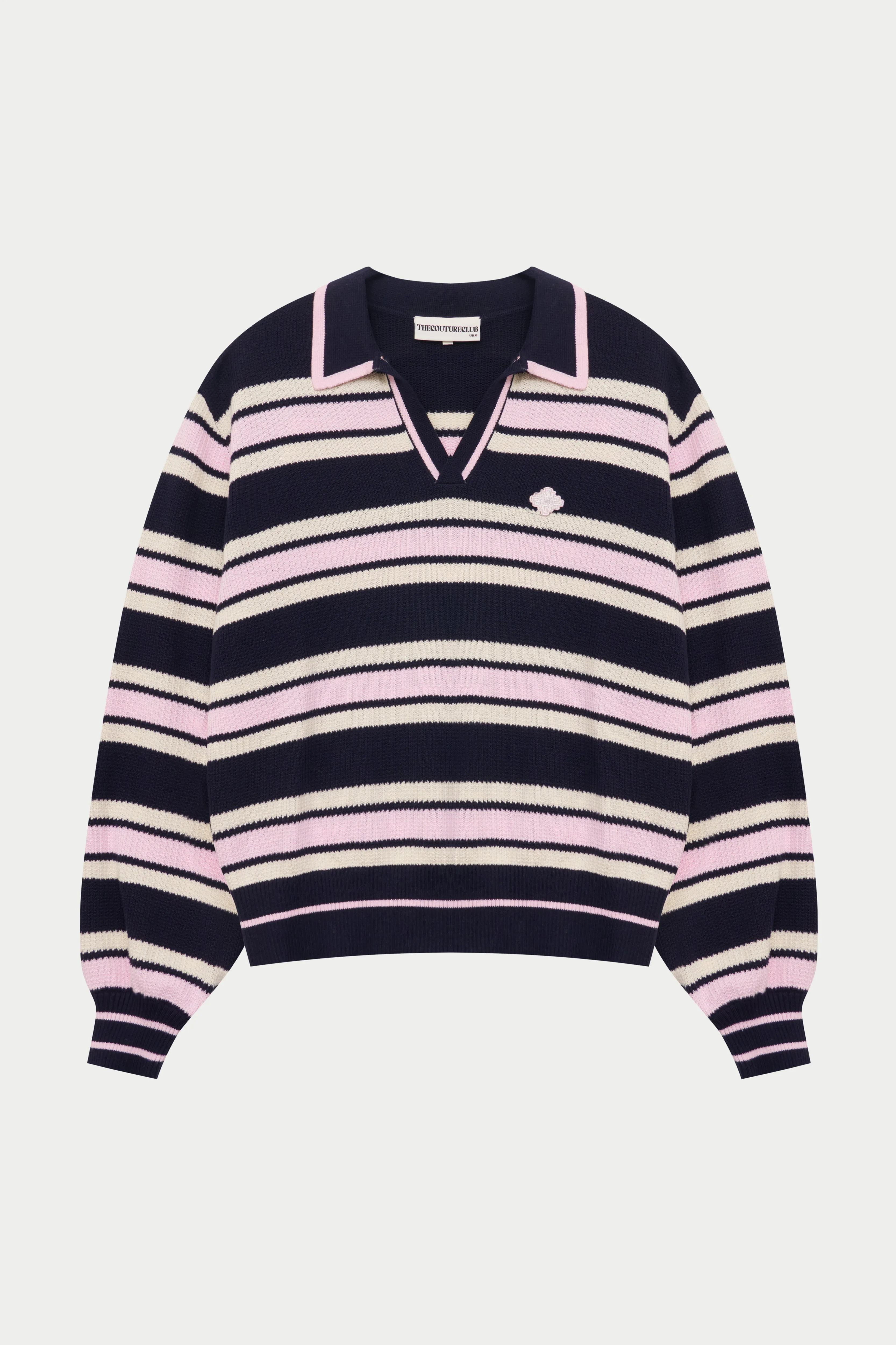 STRIPE KNITTED POLO SWEATSHIRT - NAVY sold by The Couture Club
