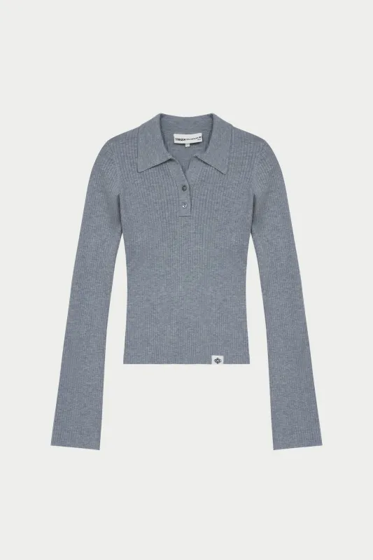KNITTED RIBBED BUTTON THROUGH TOP - GREY MARL sold by The Couture Club