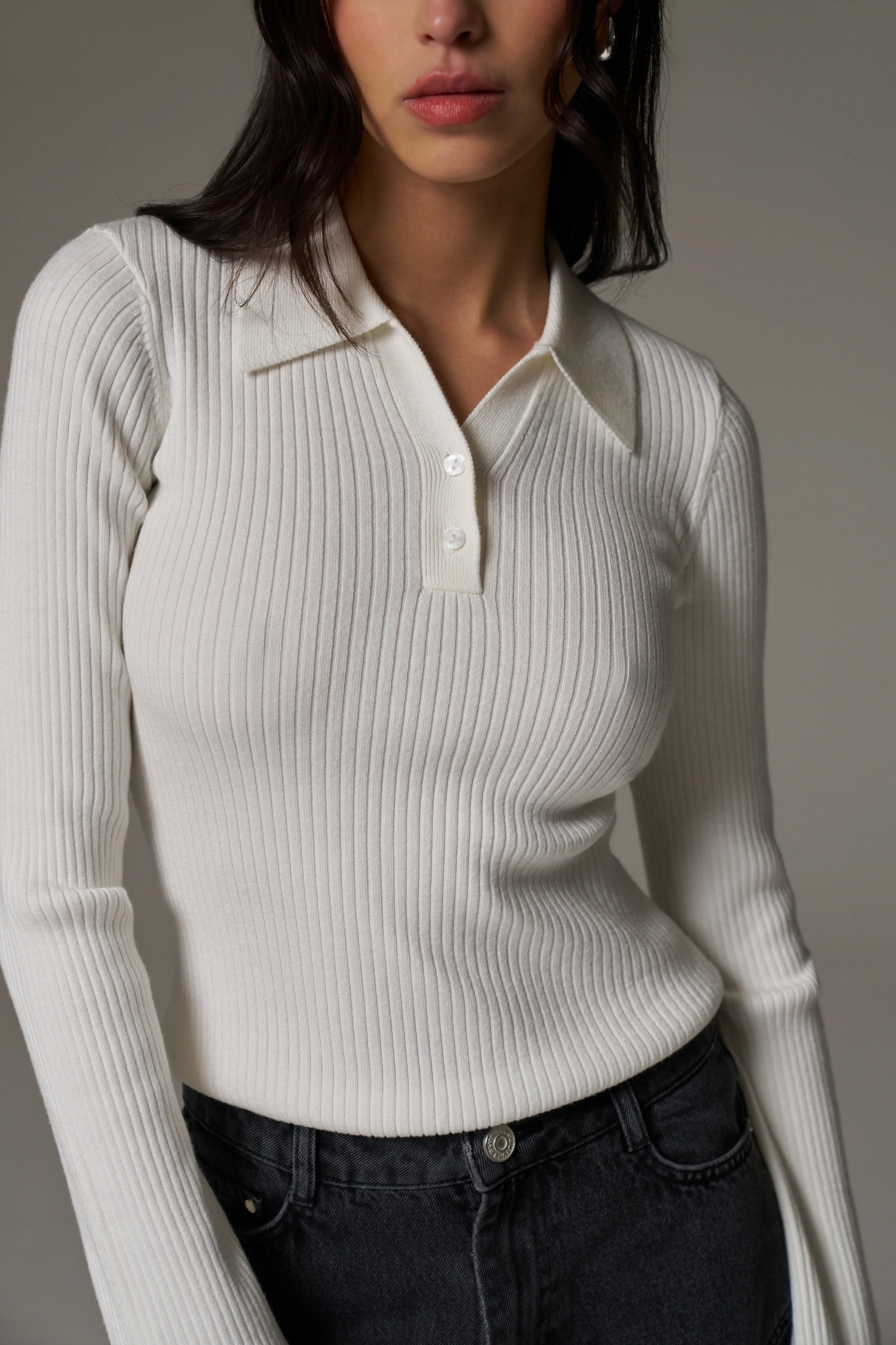 KNITTED RIBBED BUTTON THROUGH TOP - OFF WHITE sold by The Couture Club product image thumbnail 4