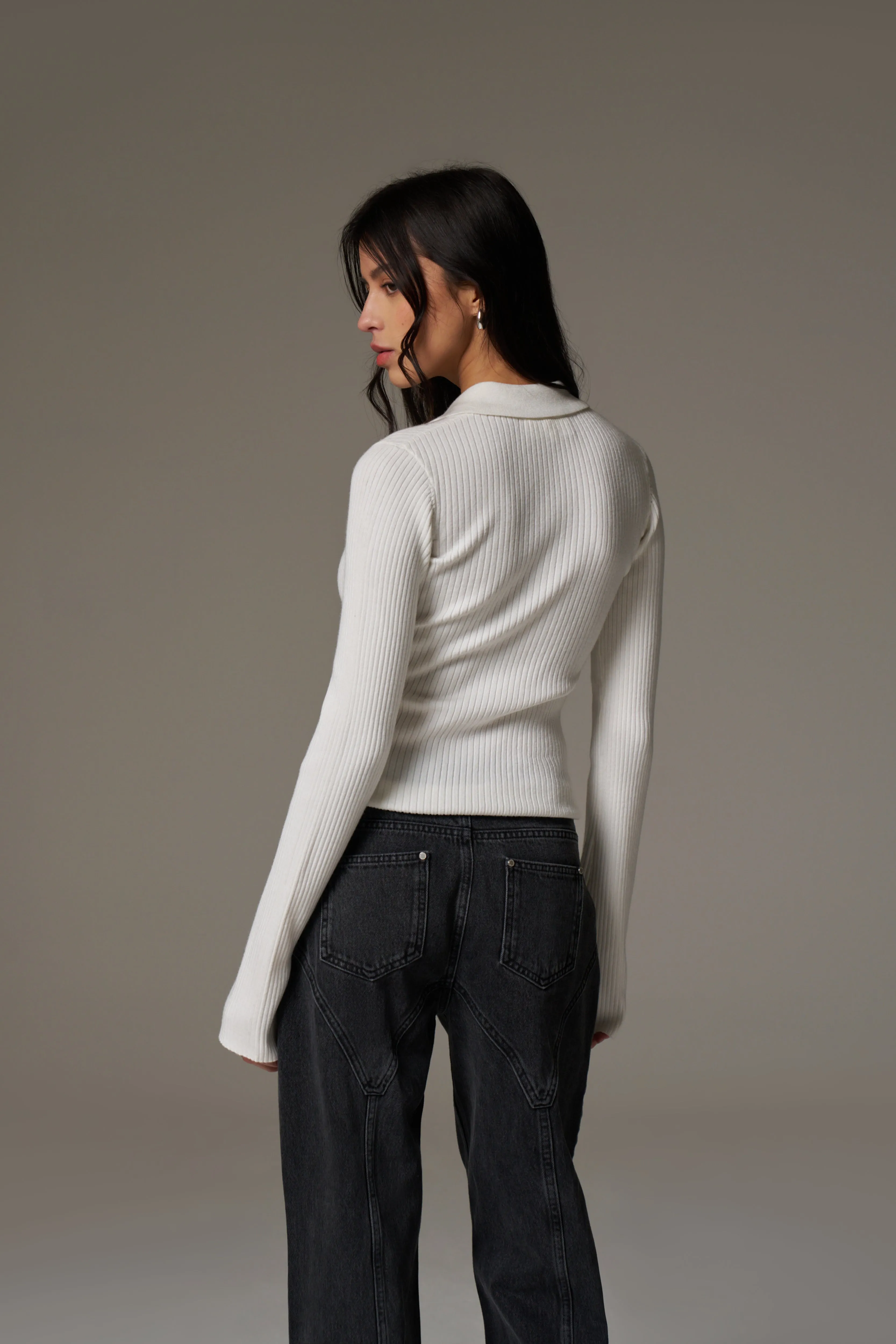 KNITTED RIBBED BUTTON THROUGH TOP - OFF WHITE sold by The Couture Club product image thumbnail 5