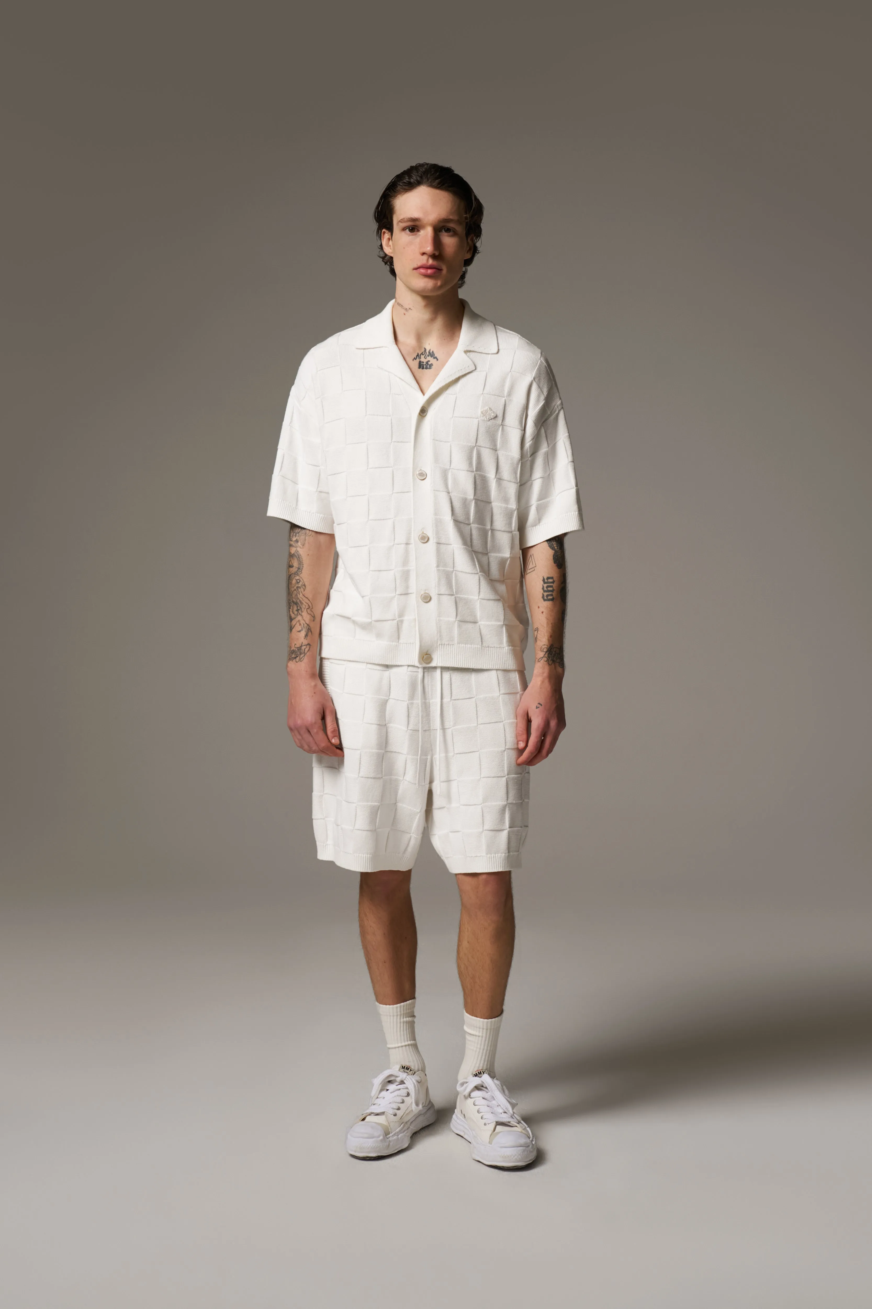CHECKERBOARD KNITTED SHIRT - OFF WHITE sold by The Couture Club product image thumbnail 5