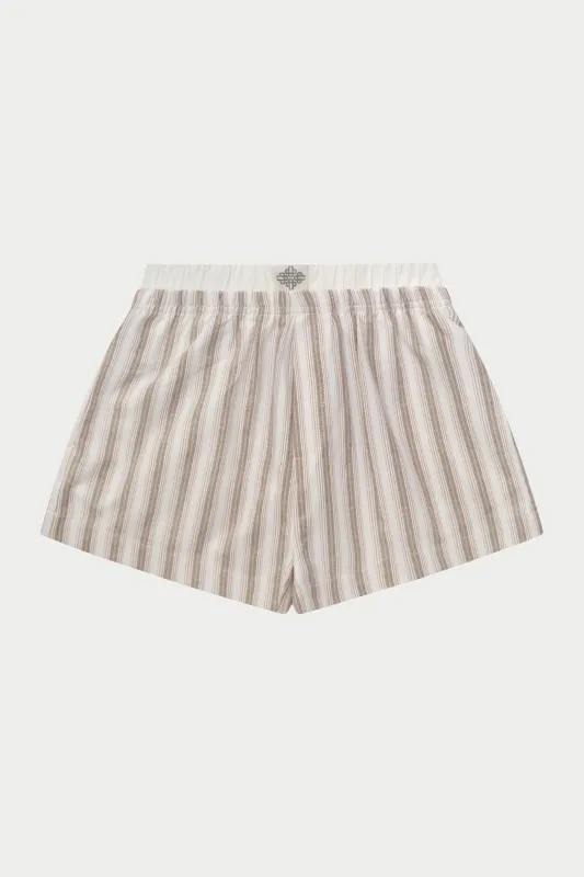 STRIPE BOXER WAISTBAND WOVEN SHORTS - BEIGE sold by The Couture Club