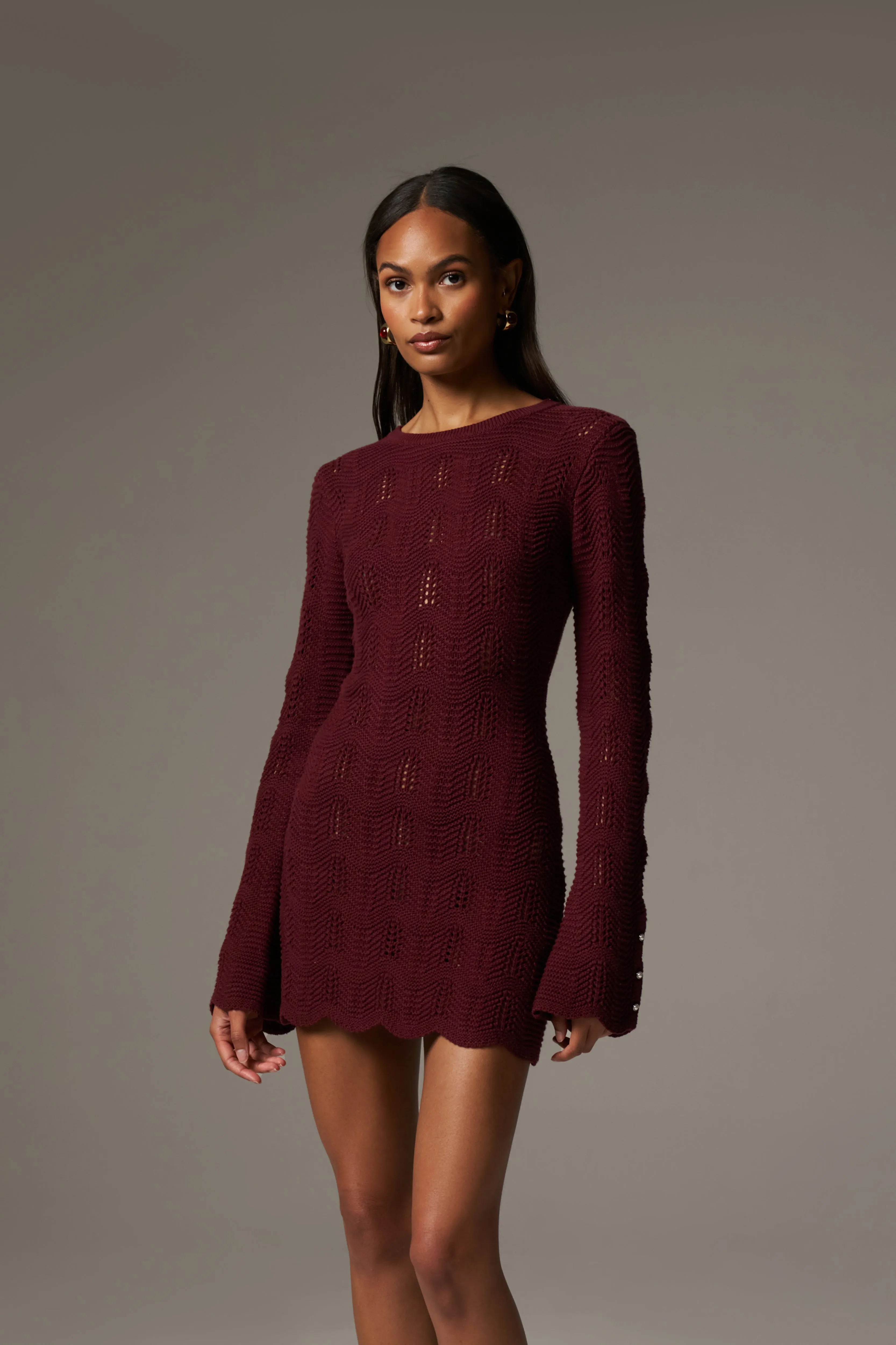 SCALLOP EDGE KNITTED MINI DRESS - BURGUNDY sold by The Couture Club product image thumbnail 4