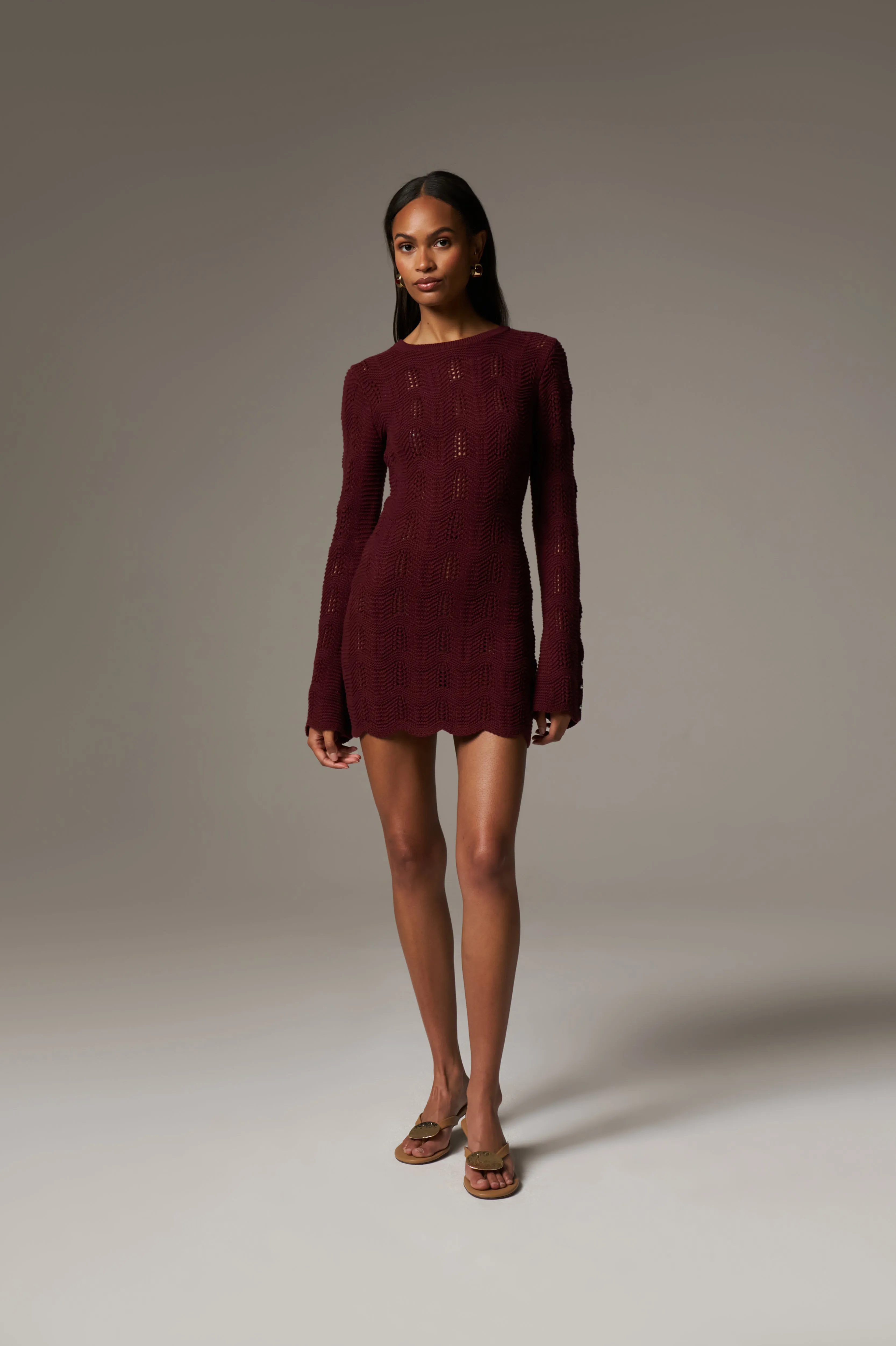 SCALLOP EDGE KNITTED MINI DRESS - BURGUNDY sold by The Couture Club product image thumbnail 5
