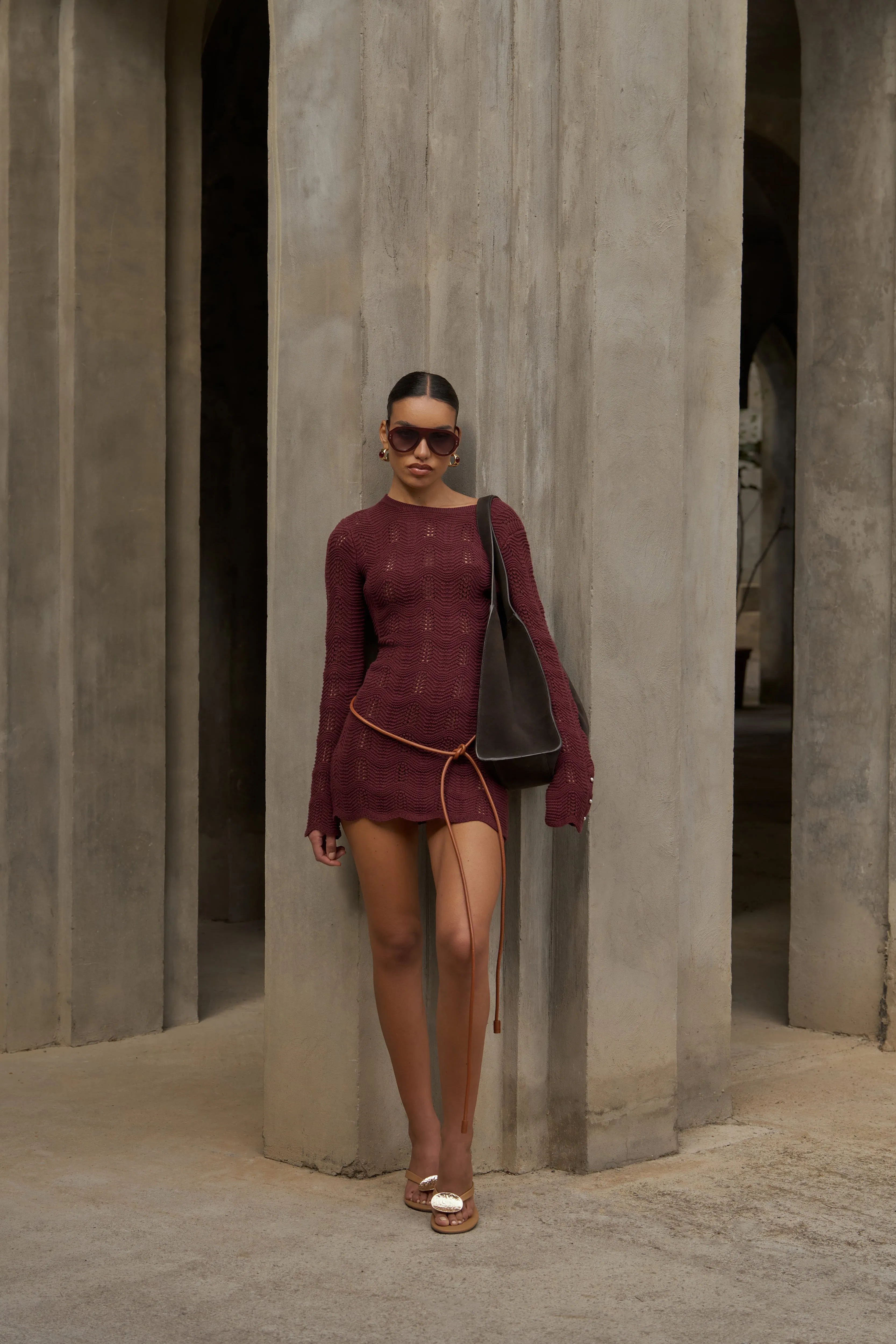 SCALLOP EDGE KNITTED MINI DRESS - BURGUNDY sold by The Couture Club product image thumbnail 2