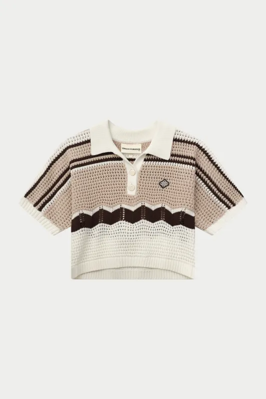 STRIPE CROCHET KNITTED OPEN COLLAR SHIRT - OFF WHITE sold by The Couture Club