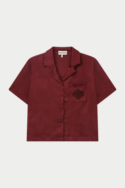 SATIN SHORT SLEEVE EMBLEM SHIRT - BURGUNDY sold by The Couture Club