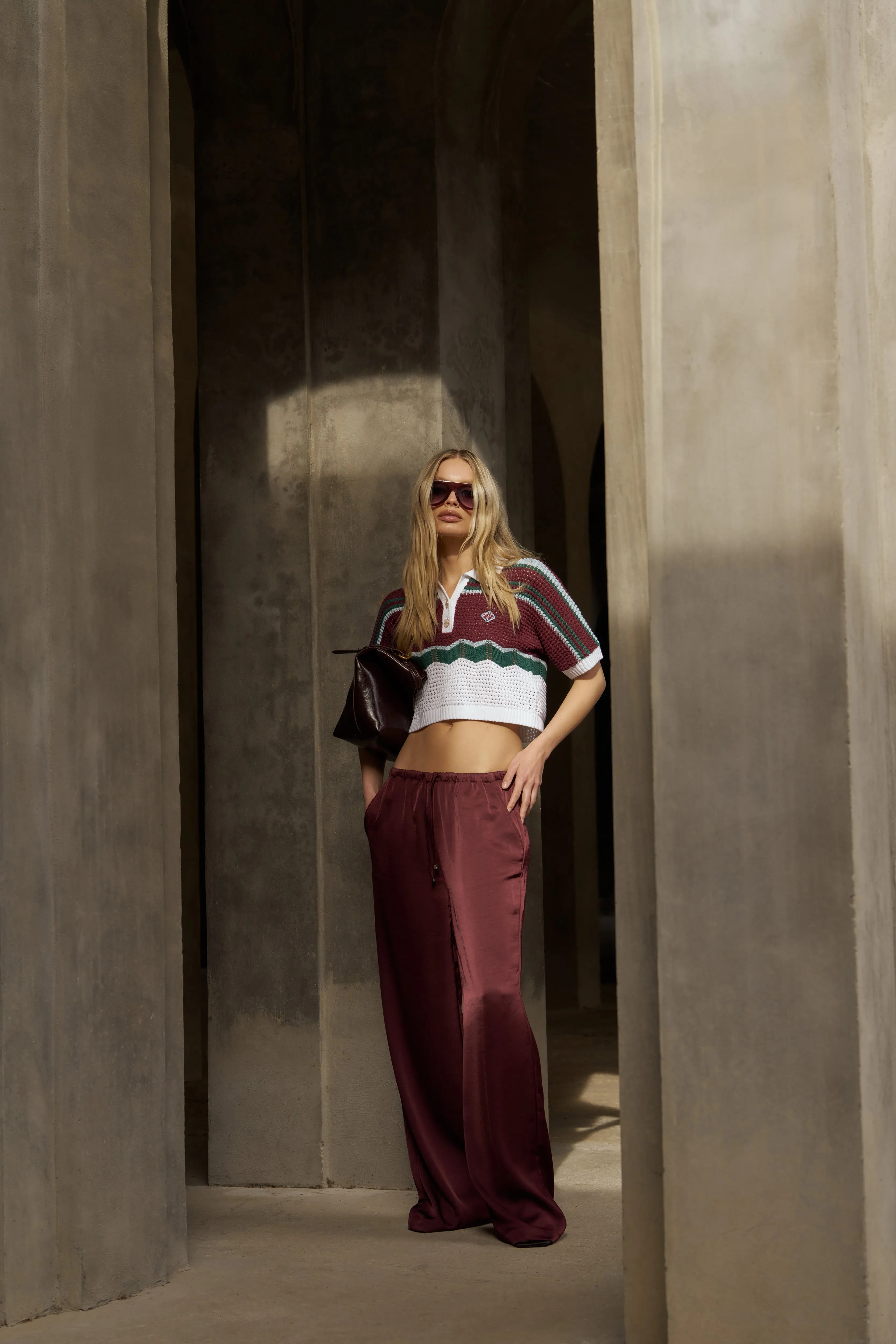 SATIN WIDE LEG EMBLEM TROUSERS - BURGUNDY sold by The Couture Club product image thumbnail 3