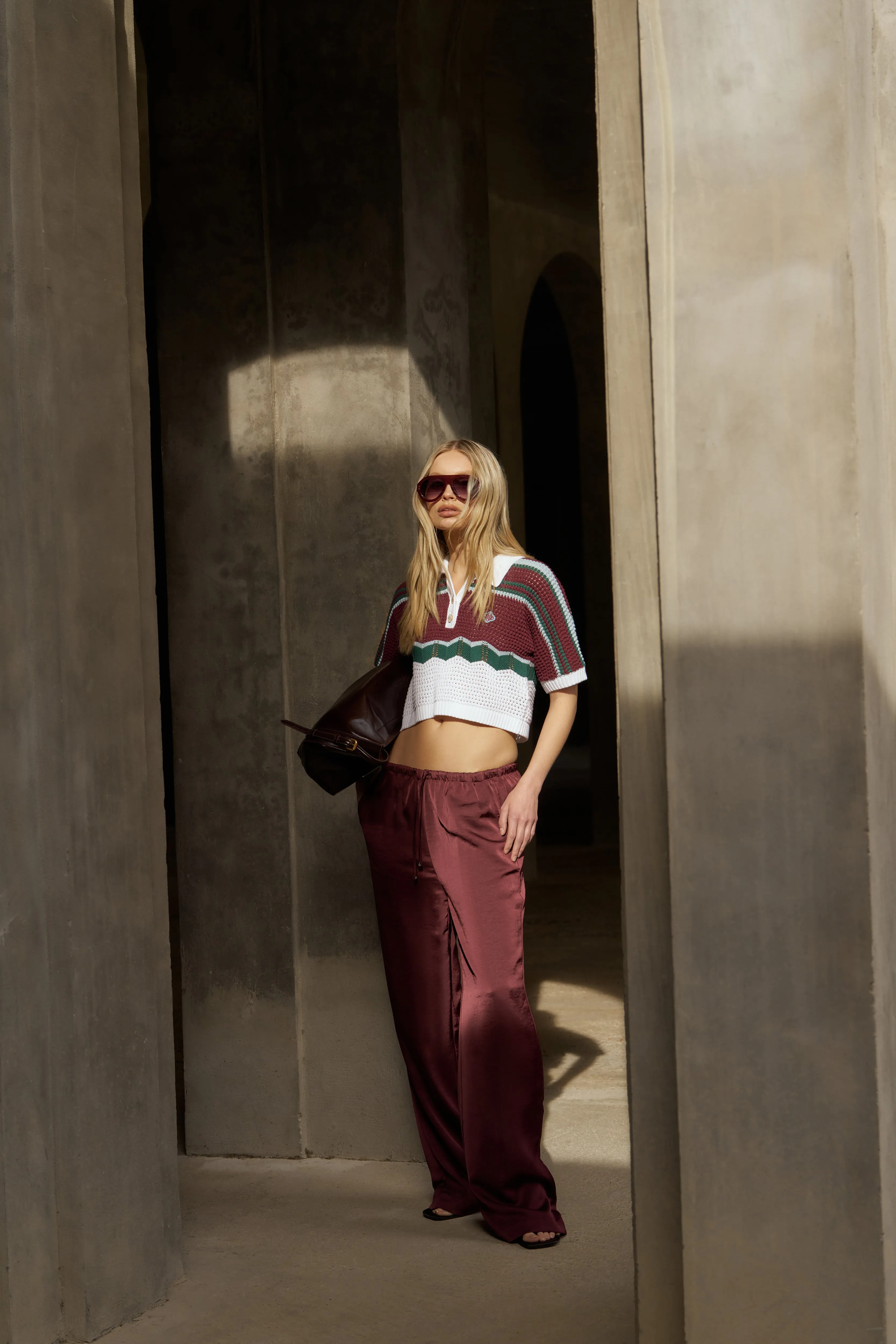 SATIN WIDE LEG EMBLEM TROUSERS - BURGUNDY sold by The Couture Club product image thumbnail 2