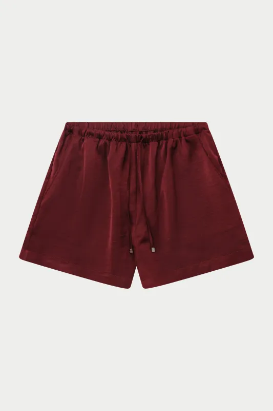 SATIN EMBLEM SHORTS - BURGUNDY sold by The Couture Club