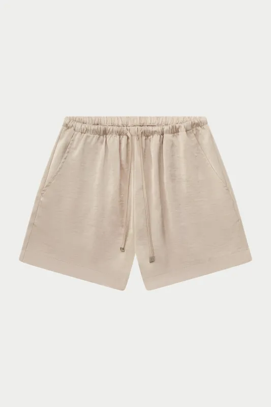 SATIN EMBLEM SHORTS - BEIGE made by The Couture Club
