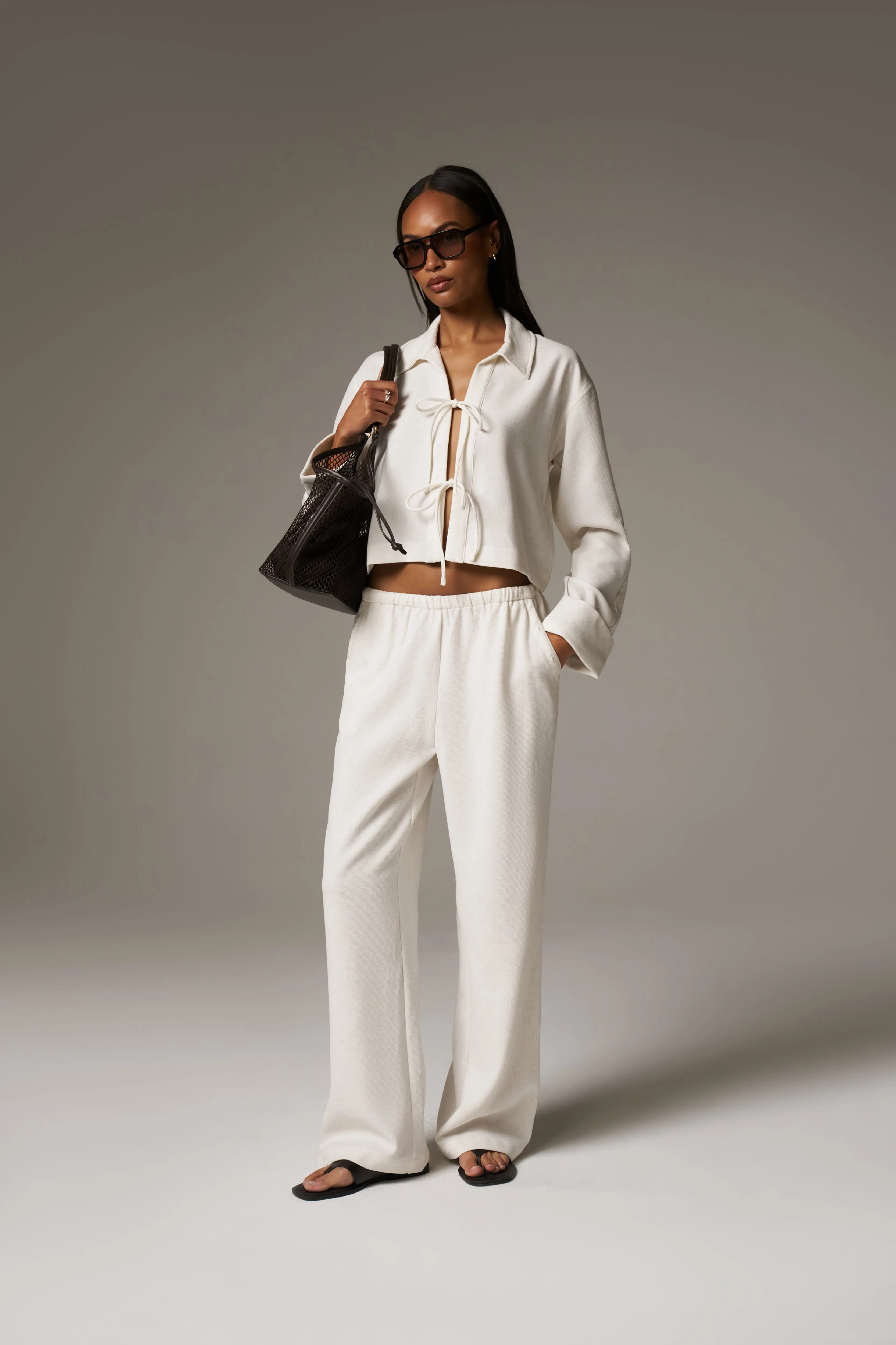 TEXTURED LINEN BUTTON DETAIL TROUSER - BEIGE sold by The Couture Club product image thumbnail 2