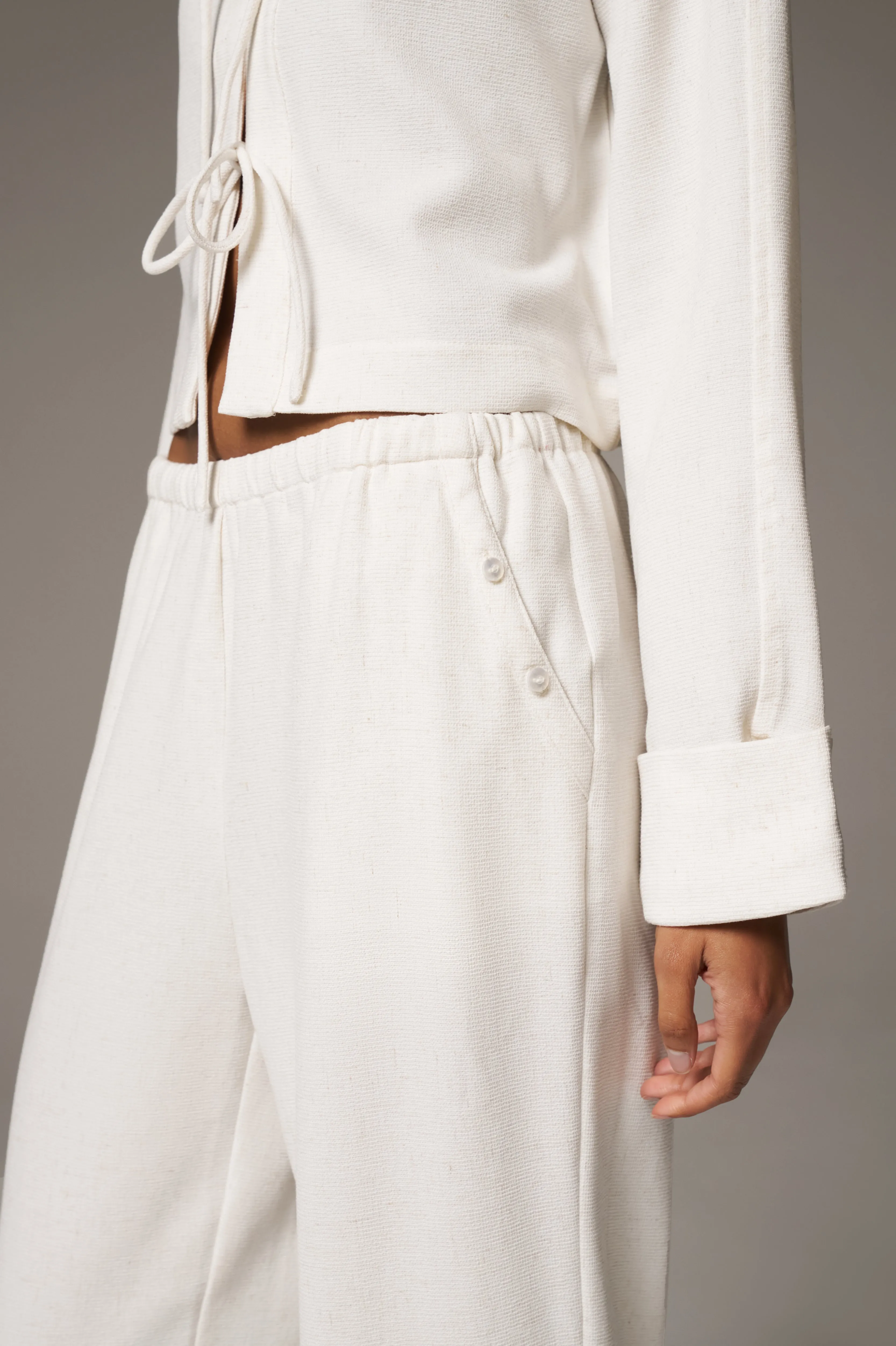 TEXTURED LINEN BUTTON DETAIL TROUSER - BEIGE sold by The Couture Club product image thumbnail 4