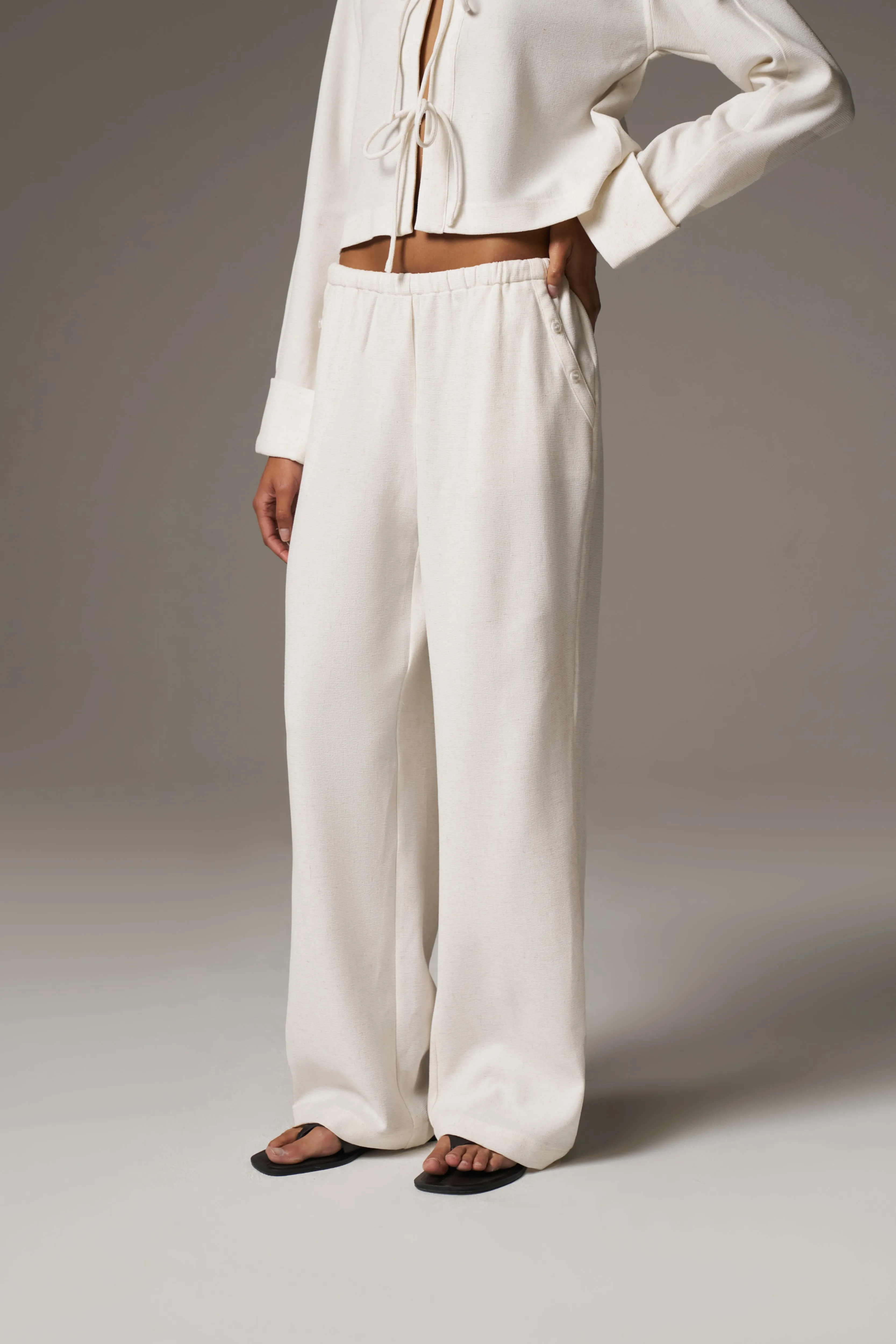 TEXTURED LINEN BUTTON DETAIL TROUSER - BEIGE sold by The Couture Club product image thumbnail 3