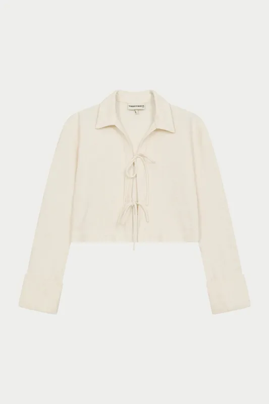 TEXTURED LINEN TIE FRONT SHIRT - BEIGE sold by The Couture Club