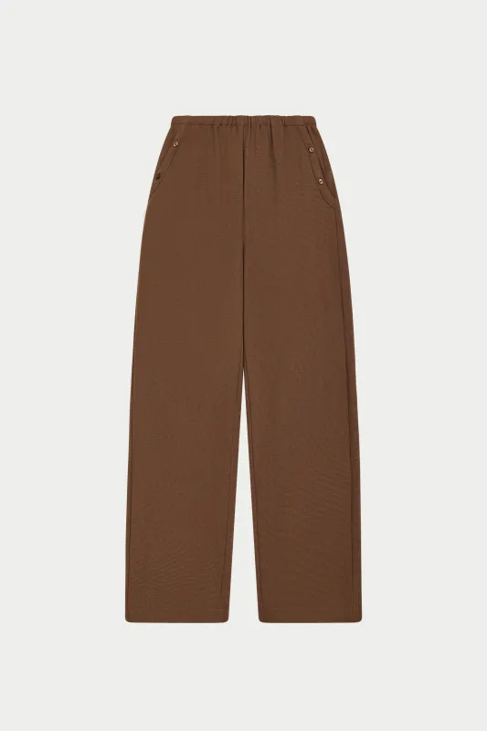 TEXTURED LINEN BUTTON DETAIL TROUSER - BROWN sold by The Couture Club