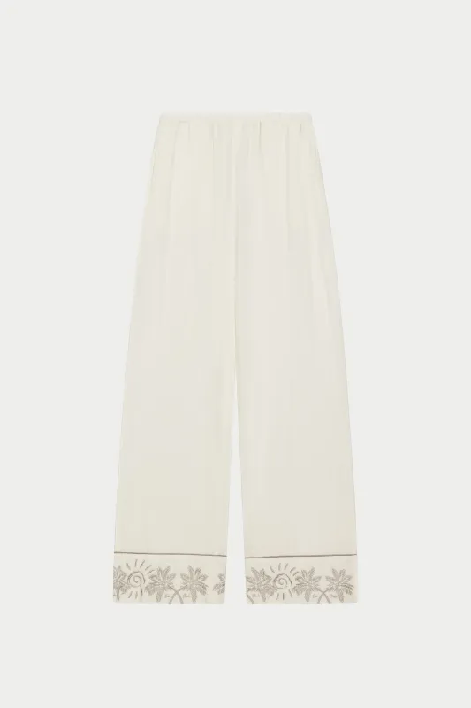 PALM EMBROIDERED WIDE LEG TROUSERS - OFF WHITE sold by The Couture Club