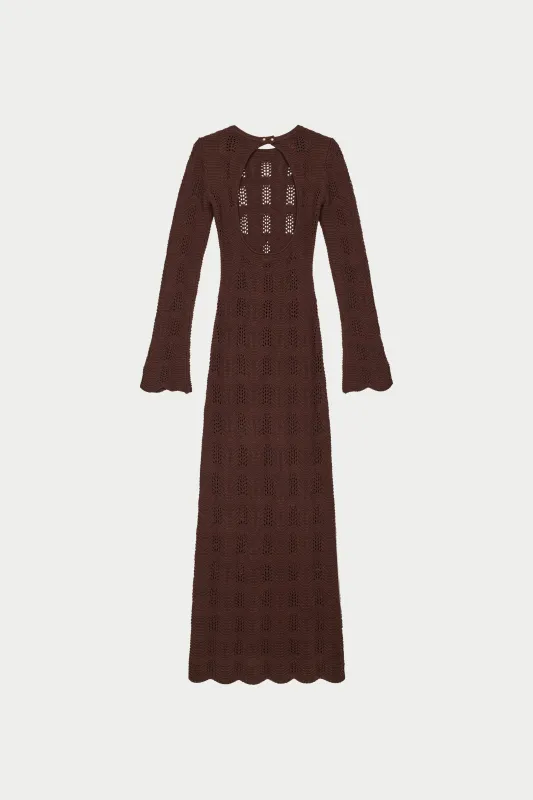 SCALLOP EDGE KNITTED MAXI DRESS - CHOCOLATE sold by The Couture Club