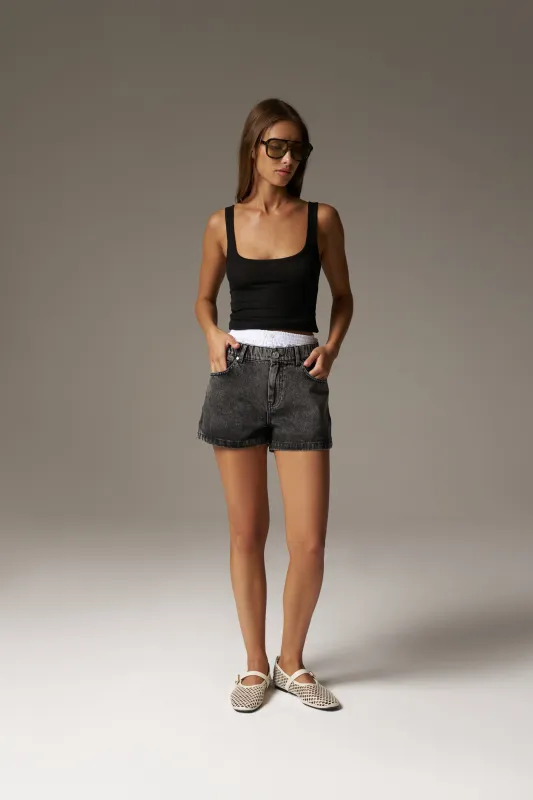 BOXER WAISTBAND DENIM SHORTS - BLACK WASH sold by The Couture Club