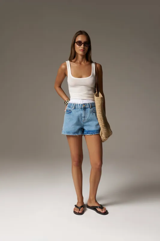 BOXER WAISTBAND DENIM SHORTS - LIGHT BLUE WASH sold by The Couture Club