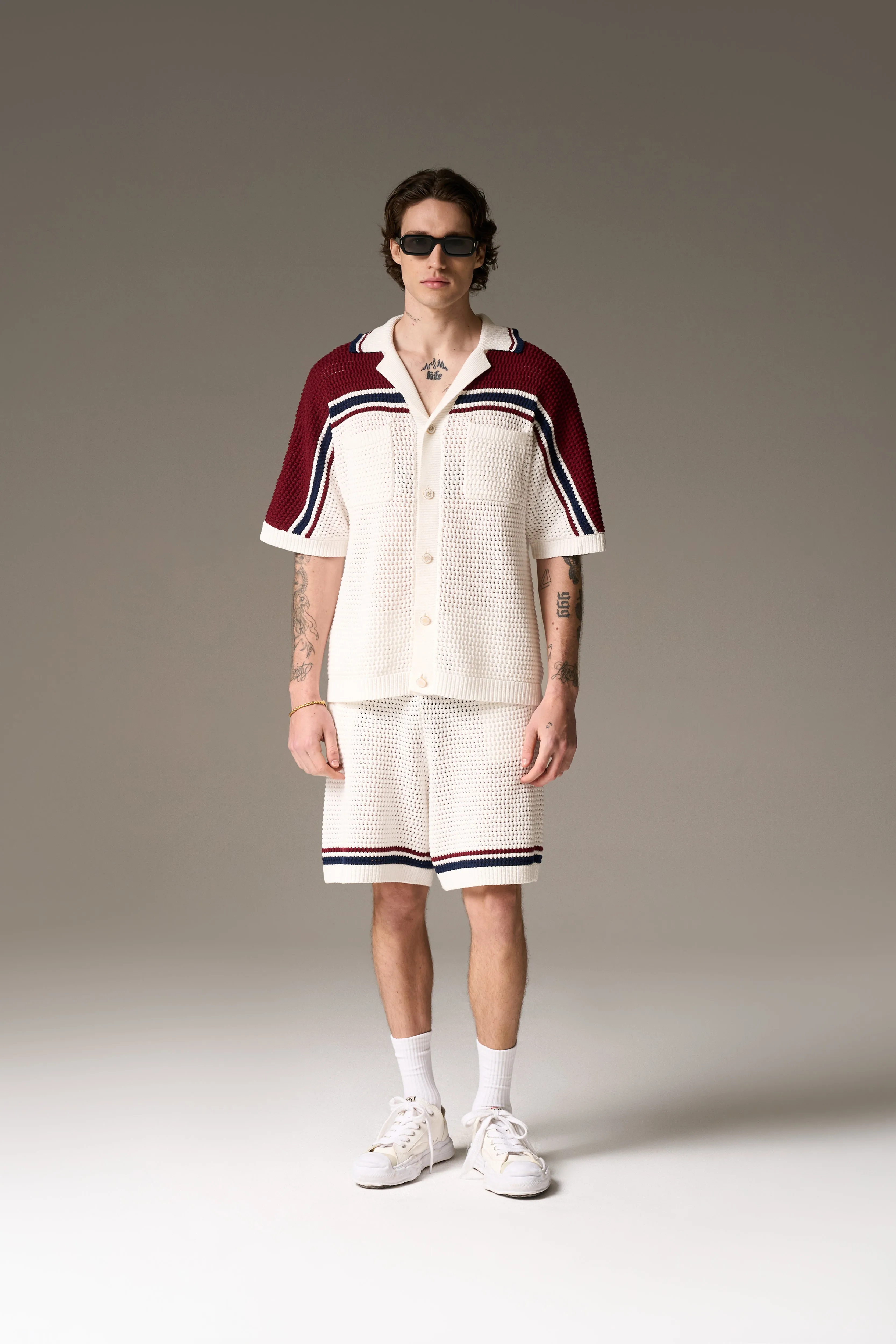 COLOUR BLOCK KNITTED STRIPE SHIRT - BURGUNDY sold by The Couture Club product image thumbnail 3