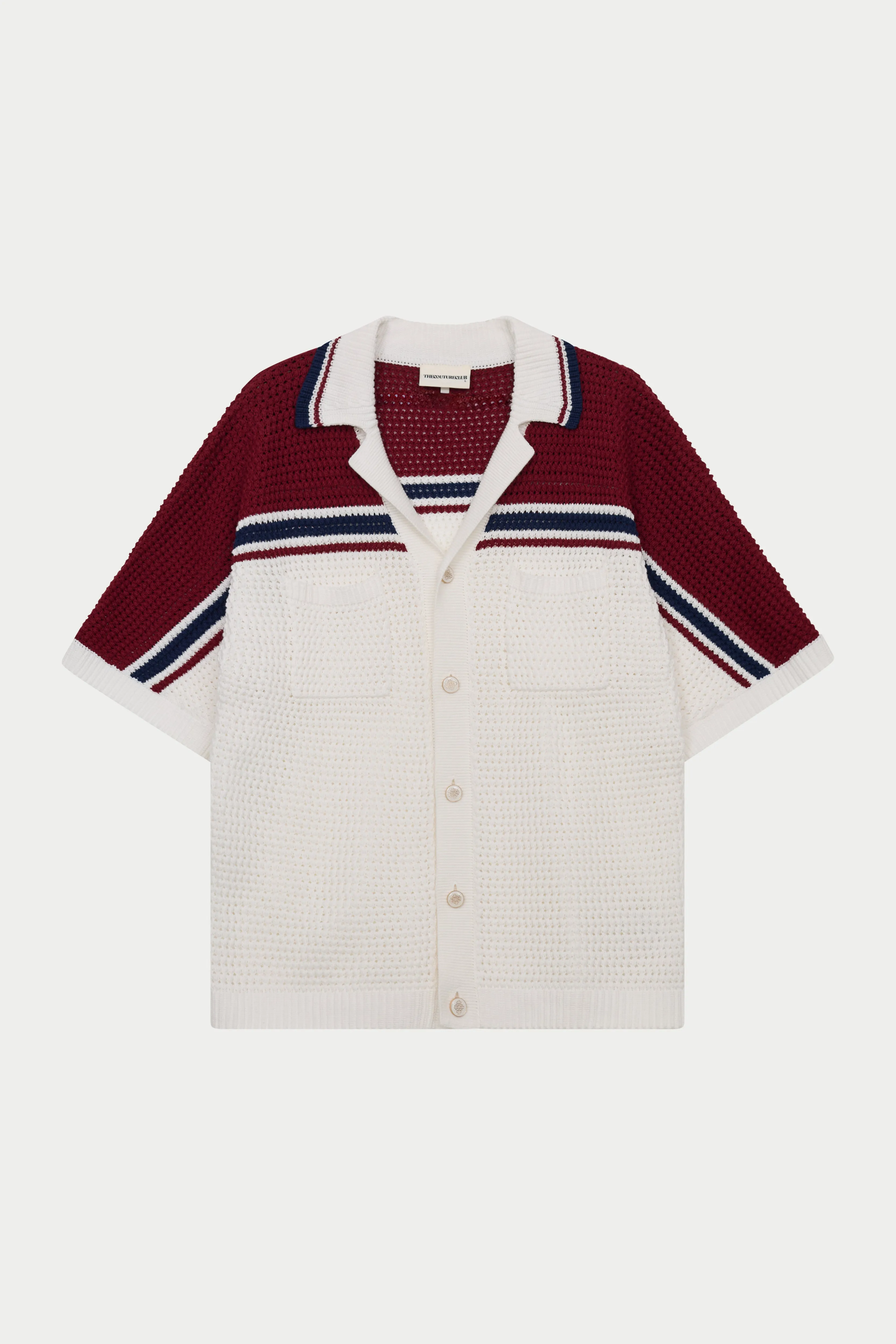 COLOUR BLOCK KNITTED STRIPE SHIRT - BURGUNDY sold by The Couture Club