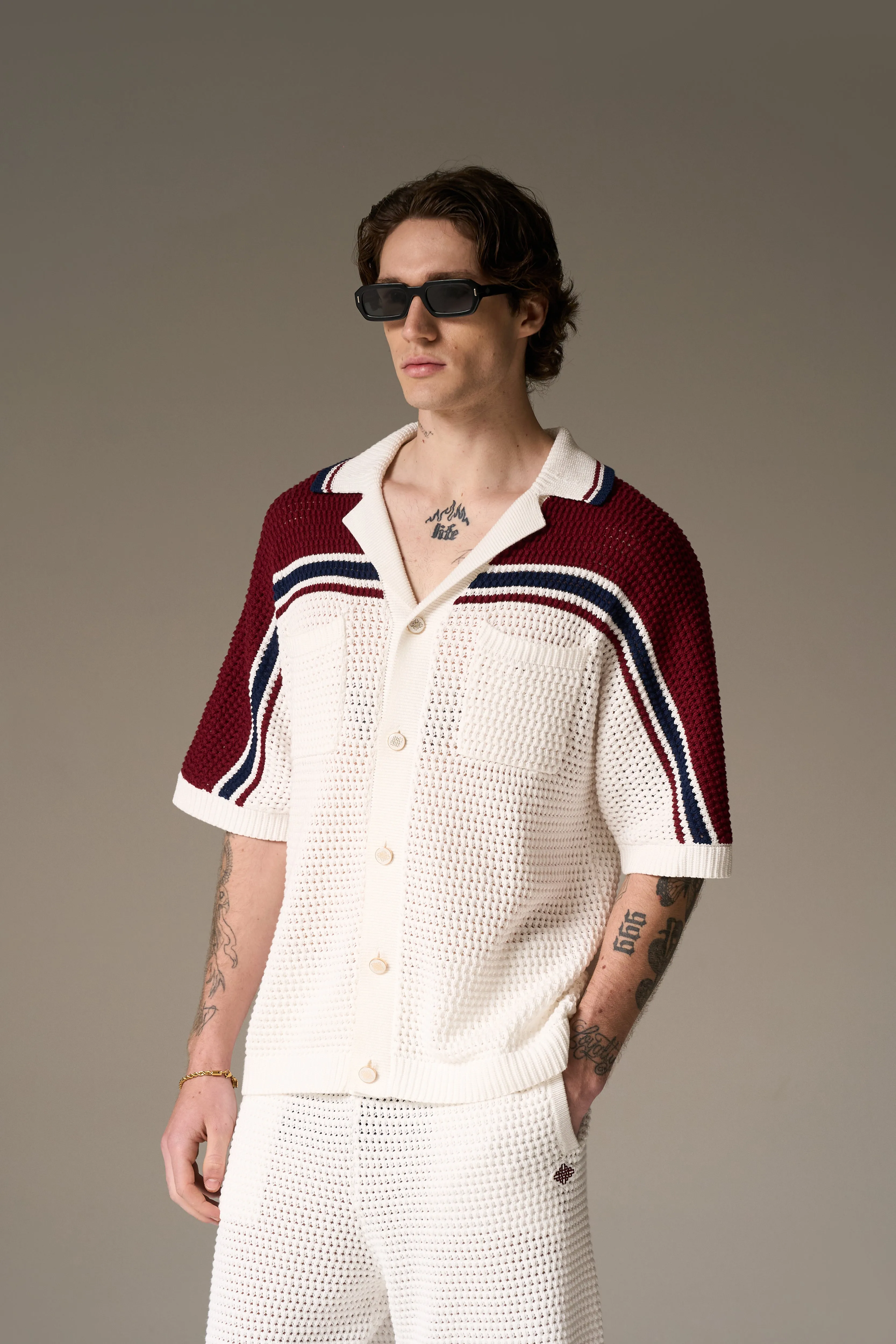 COLOUR BLOCK KNITTED STRIPE SHIRT - BURGUNDY sold by The Couture Club product image thumbnail 2