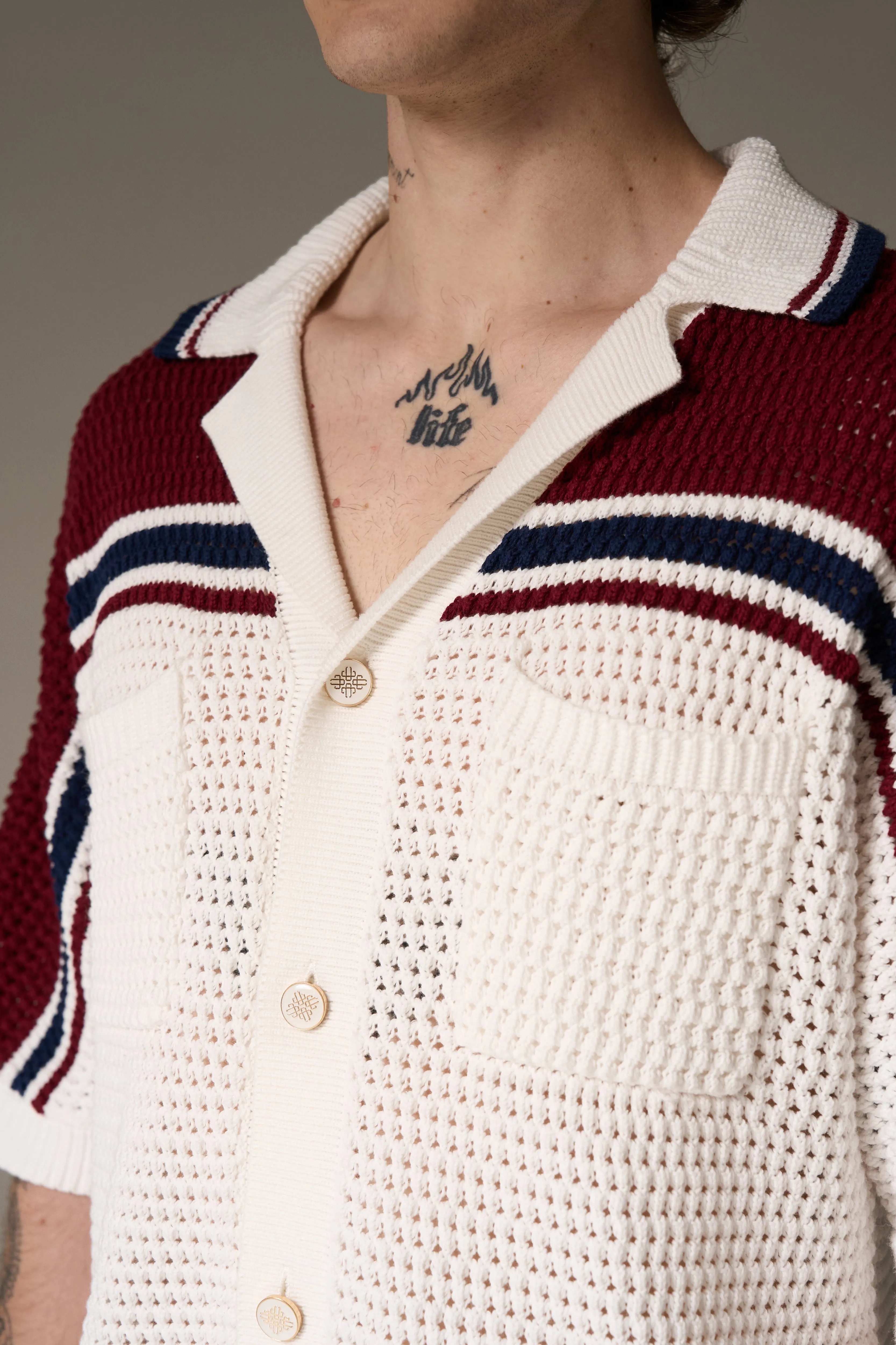 COLOUR BLOCK KNITTED STRIPE SHIRT - BURGUNDY sold by The Couture Club product image thumbnail 4