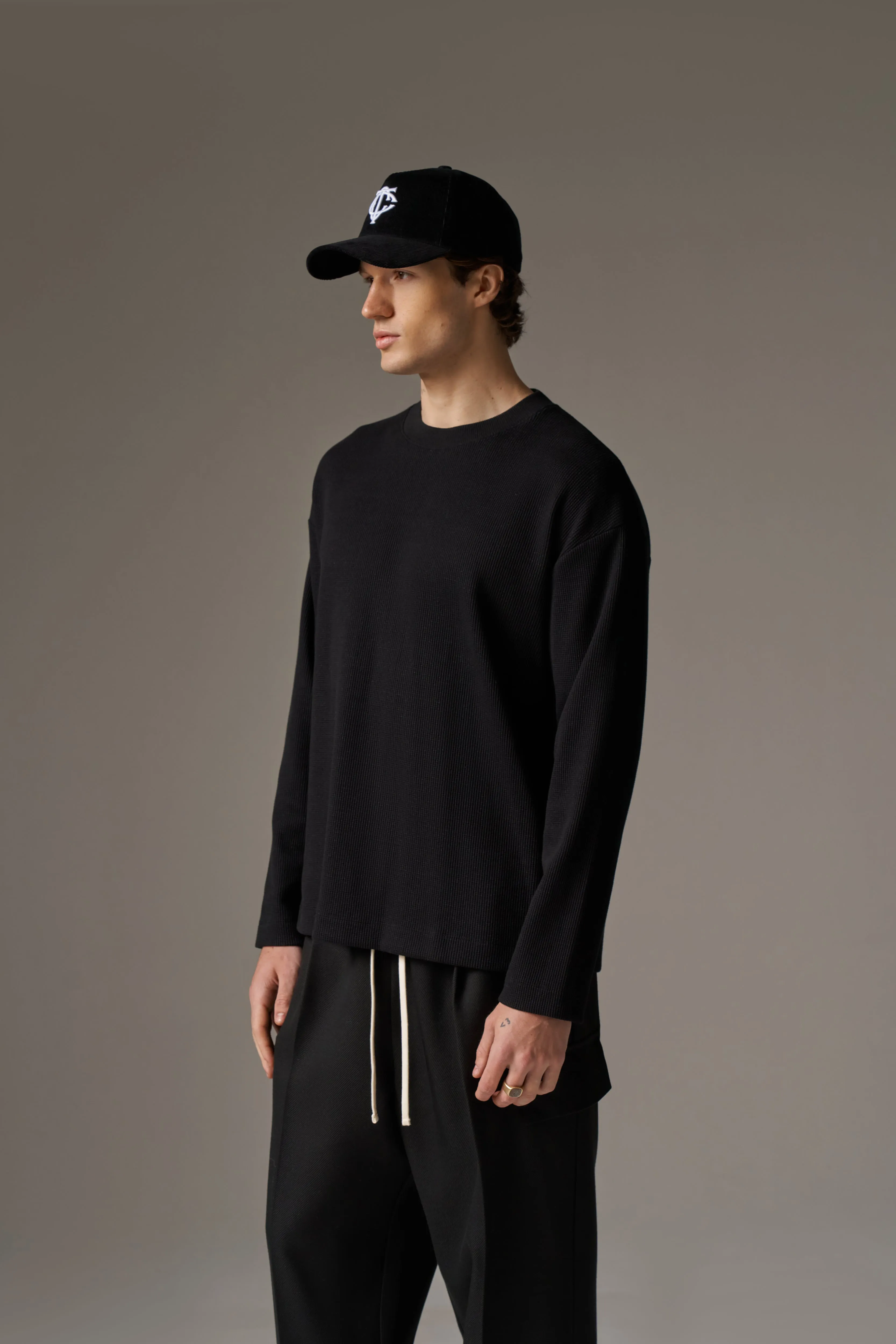 WAFFLE LONG SLEEVE T-SHIRT - BLACK sold by The Couture Club product image thumbnail 4