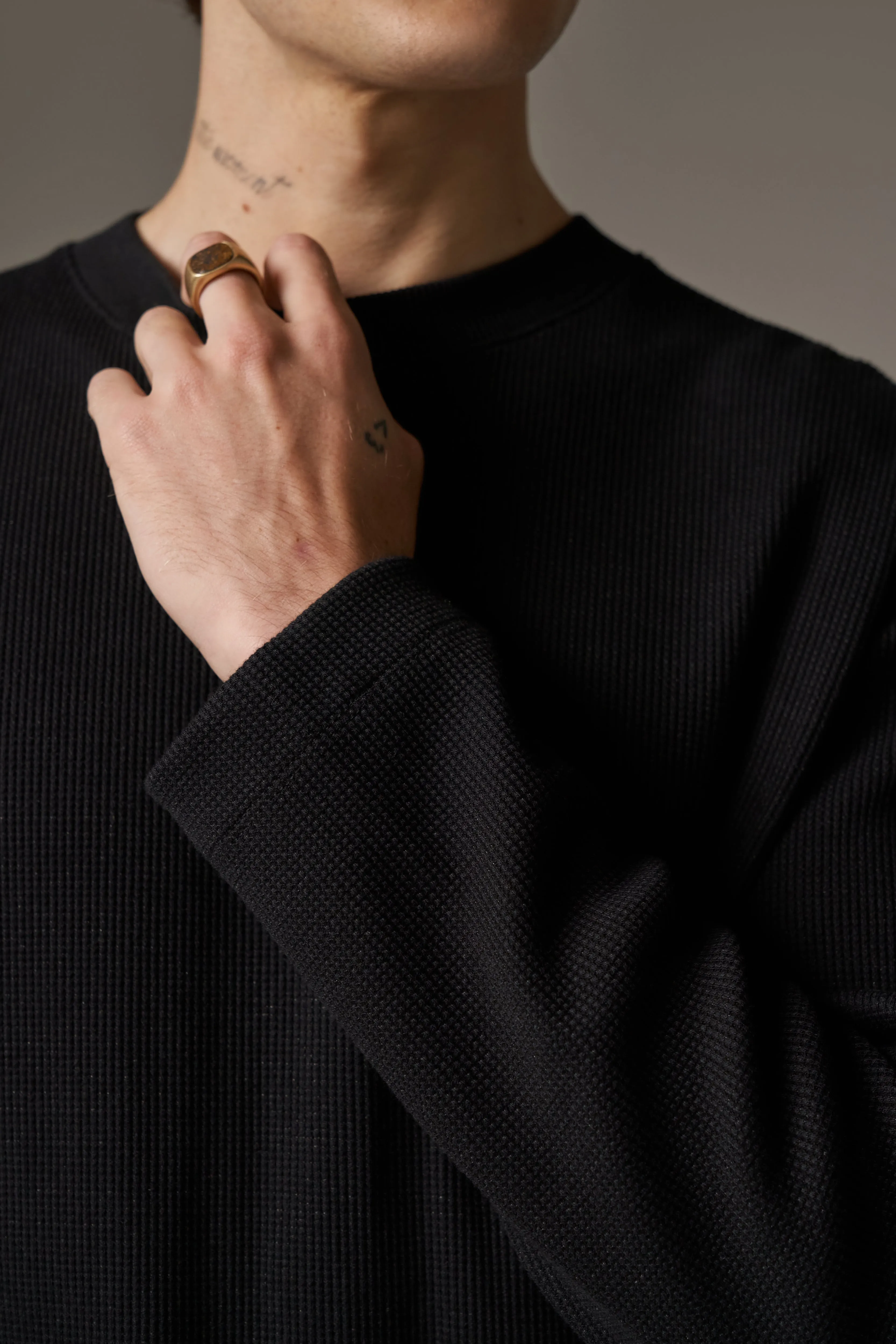 WAFFLE LONG SLEEVE T-SHIRT - BLACK sold by The Couture Club product image thumbnail 5